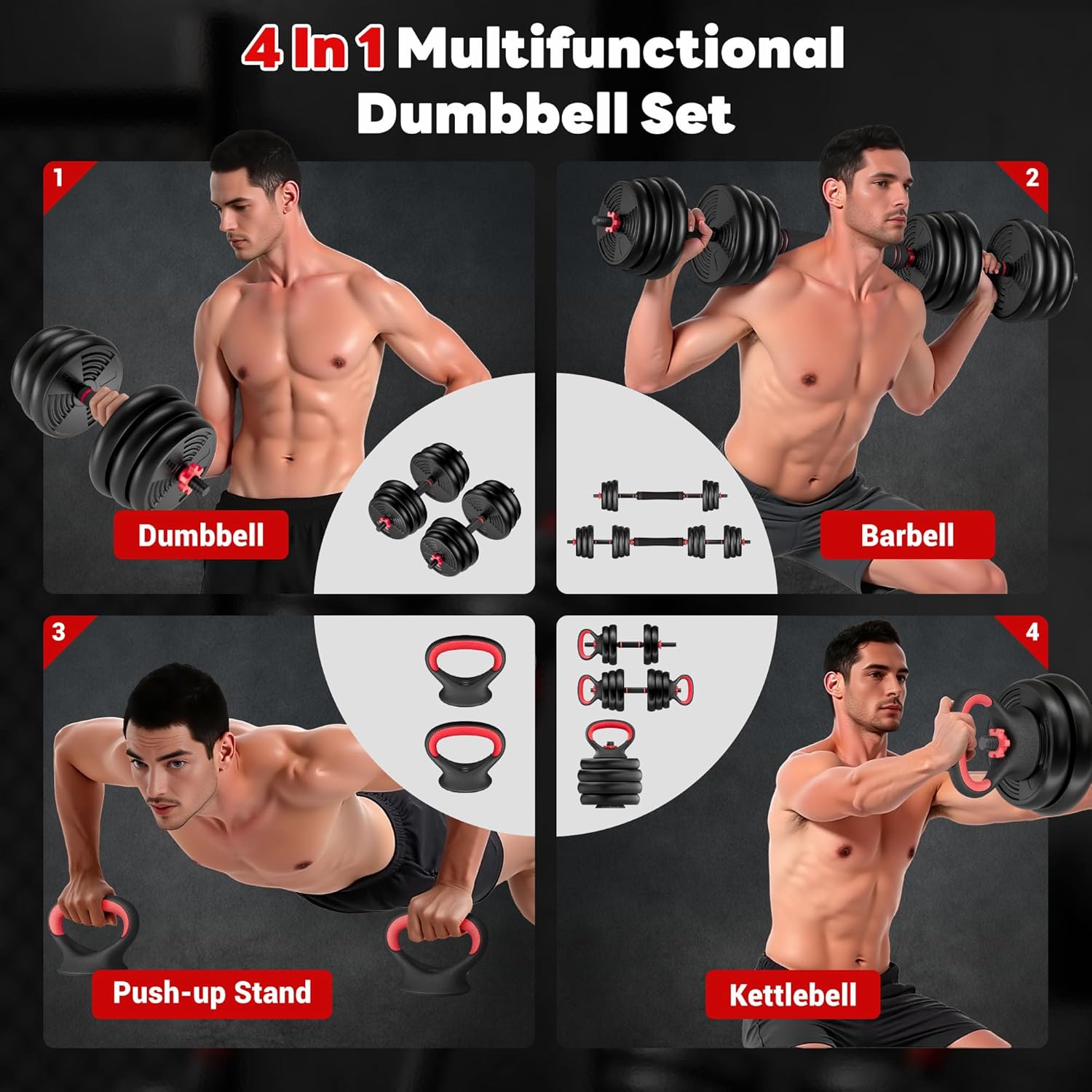 Adjustable Dumbbells, 55/77LBS Free Weight Set, 4 in 1 Dumbbell Set Used as Barbell, Kellebell, Push Up Stand, Fitness Exercise for Home Gym Suitable Men/Women