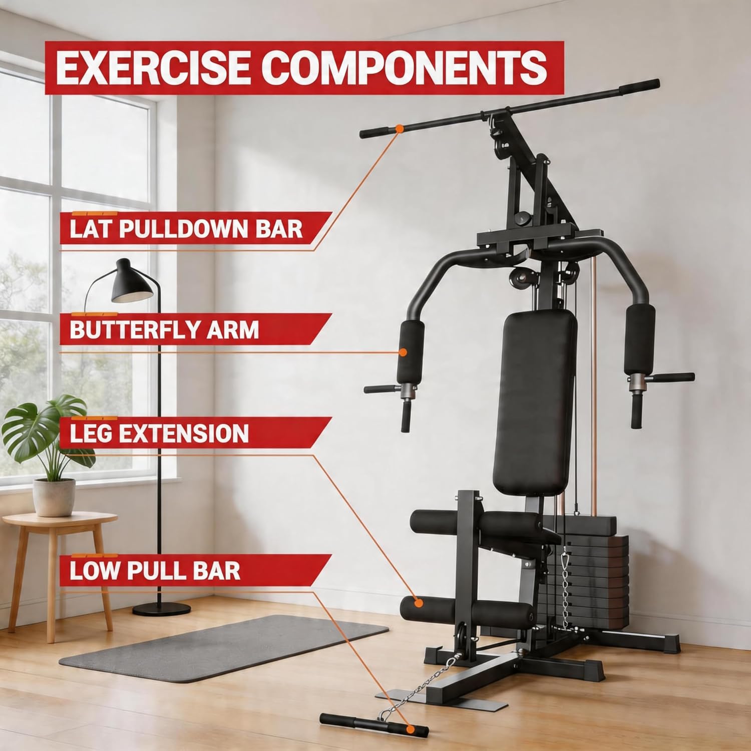 Home Gym Machine with 100LB Weight Stack, Multifunctional Full Body Workout Station for LAT Pulldown, Chest Press, Leg Extension & Strength Training, Compact Fitness Equipment for Home Use