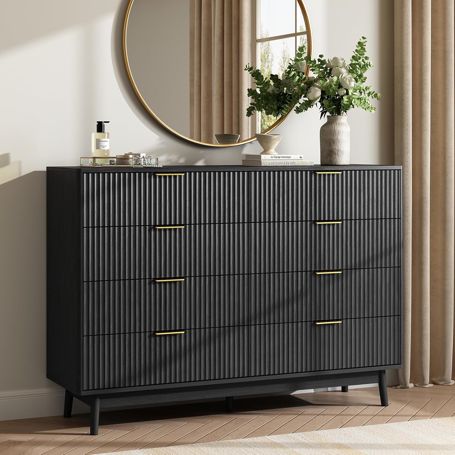CARPETNAL Fluted 8 Drawer Dresser for Bedroom, 55' Wide Wooden Chest of Drawers with Rounded Corners, Gold Handles, Modern Storage Organizer for Bedroom, Hallway(Black)