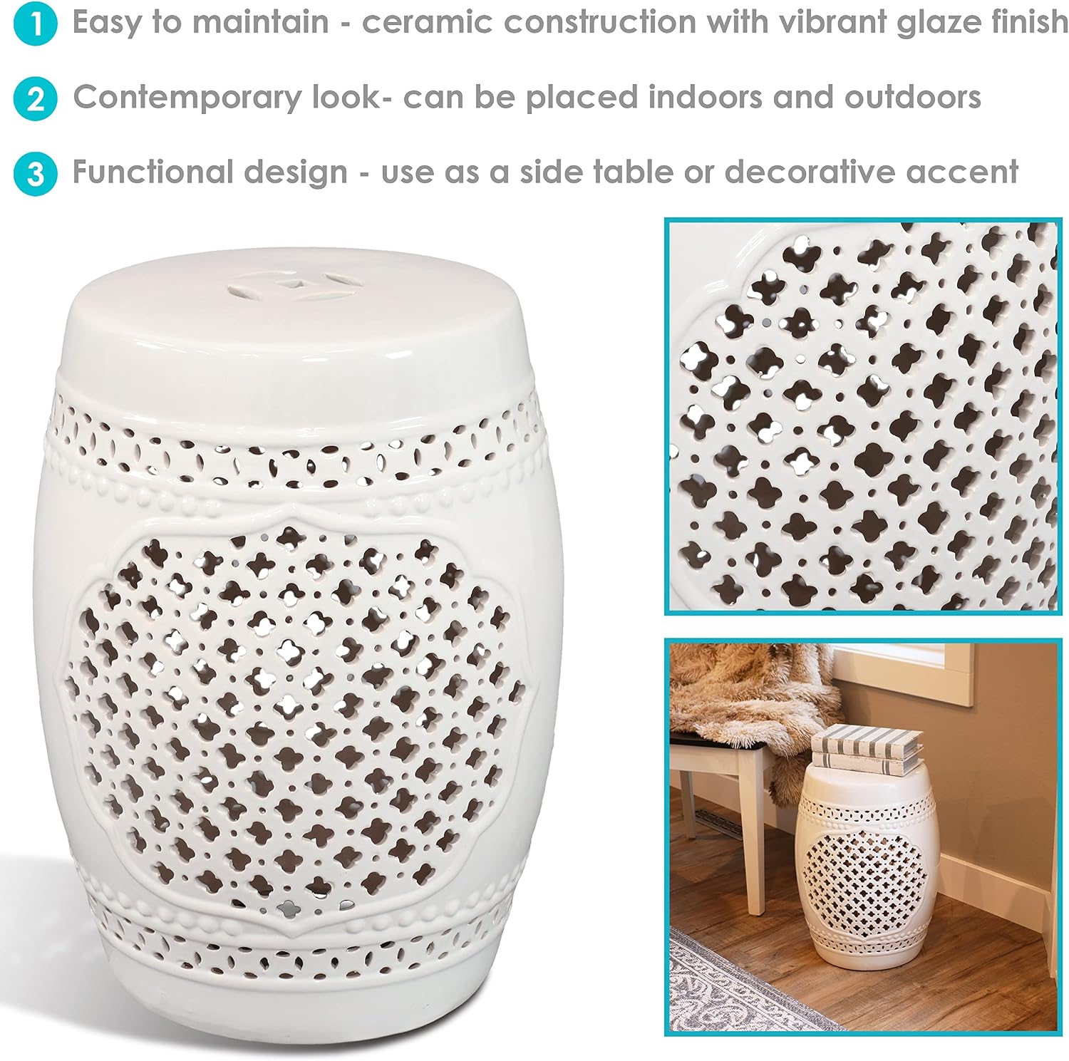 Sunnydaze Ceramic Garden Stool Side Table - Indoor or Outdoor - Marrakesh - White