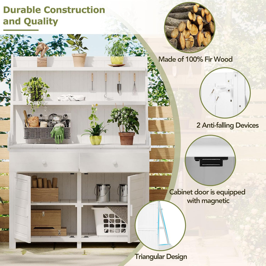 65inch Garden Potting Bench Table, Fir Wood Workstation with Storage Shelf, Drawer and Cabinet,for Outdoor Indoor Use