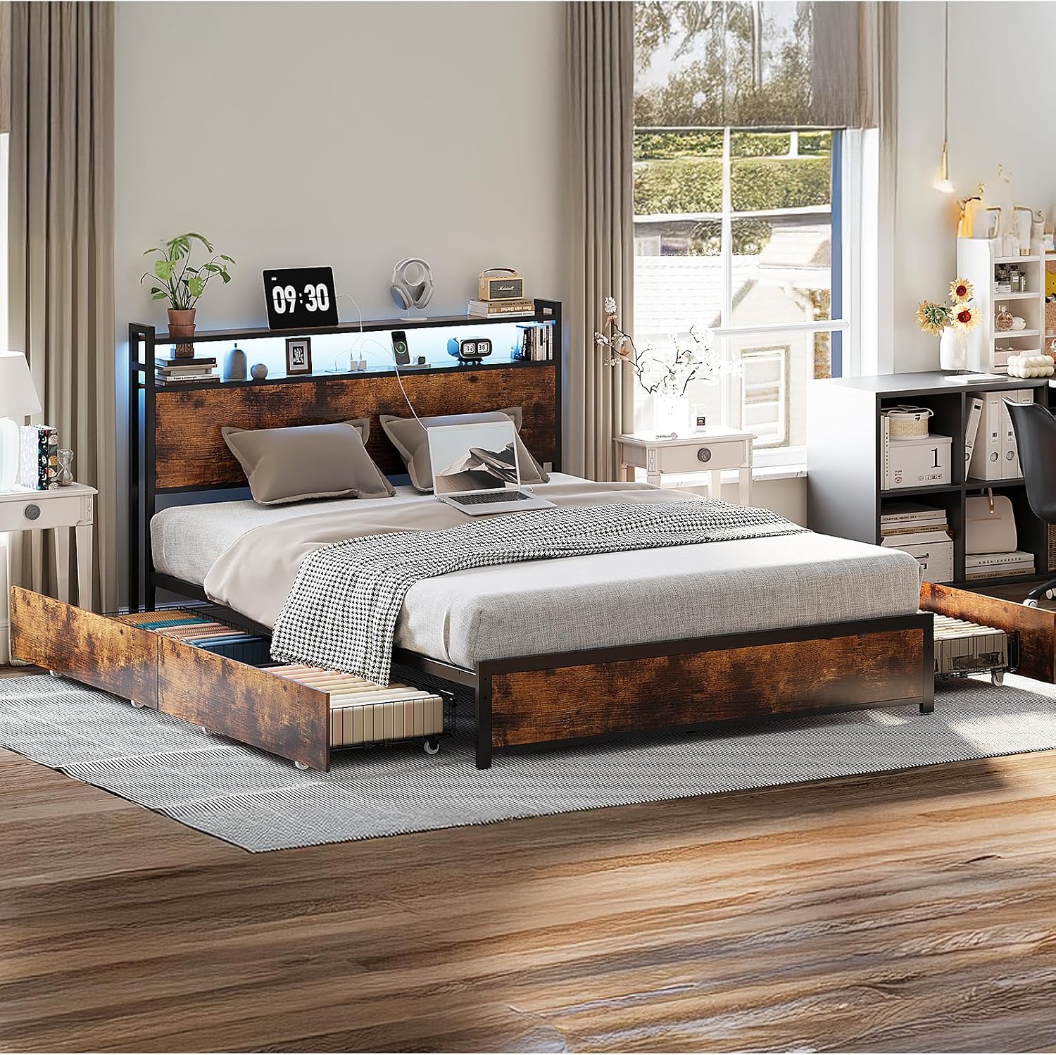 VINGLI Queen Bed Frame with 4 Storage Drawers and Headboard, Metal Platform Panel Bed with Charging Station and RGB LED Lights, No Box Spring Needed, Noise Free, Easy Assembly, Vintage Brown