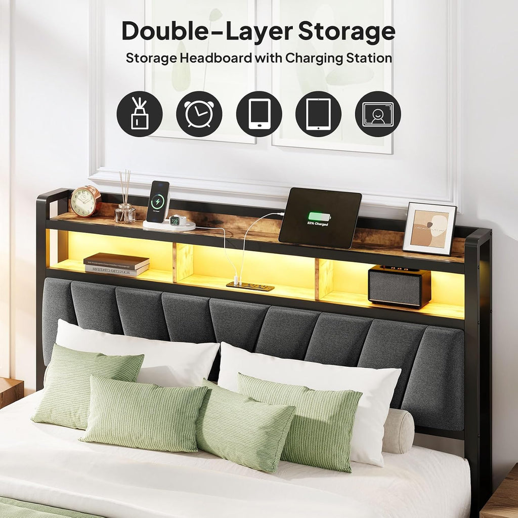 Welzona Full Size Bed Frame with Charging Station, LED Bed with Upholstered Storage Headboard, Solid and Stable, Noise Free, No Box Spring Needed, Easy Assembly, Vintage Brown
