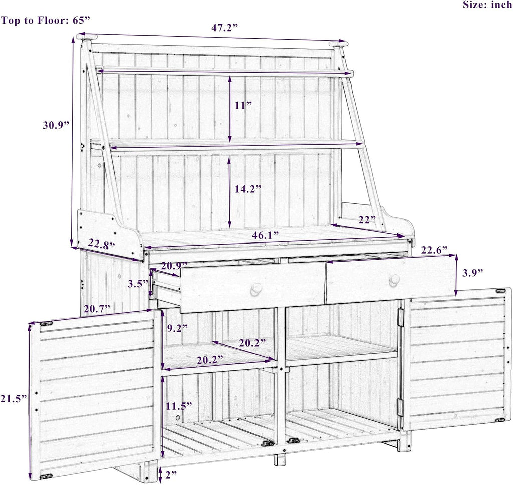Rustic Outdoor Garden Potting Bench Table with 3 Tier Shelves and 2 Drawers, Large Gardening Workstation with Fir Wood Frame for Outdoor Space, Easy to Clean
