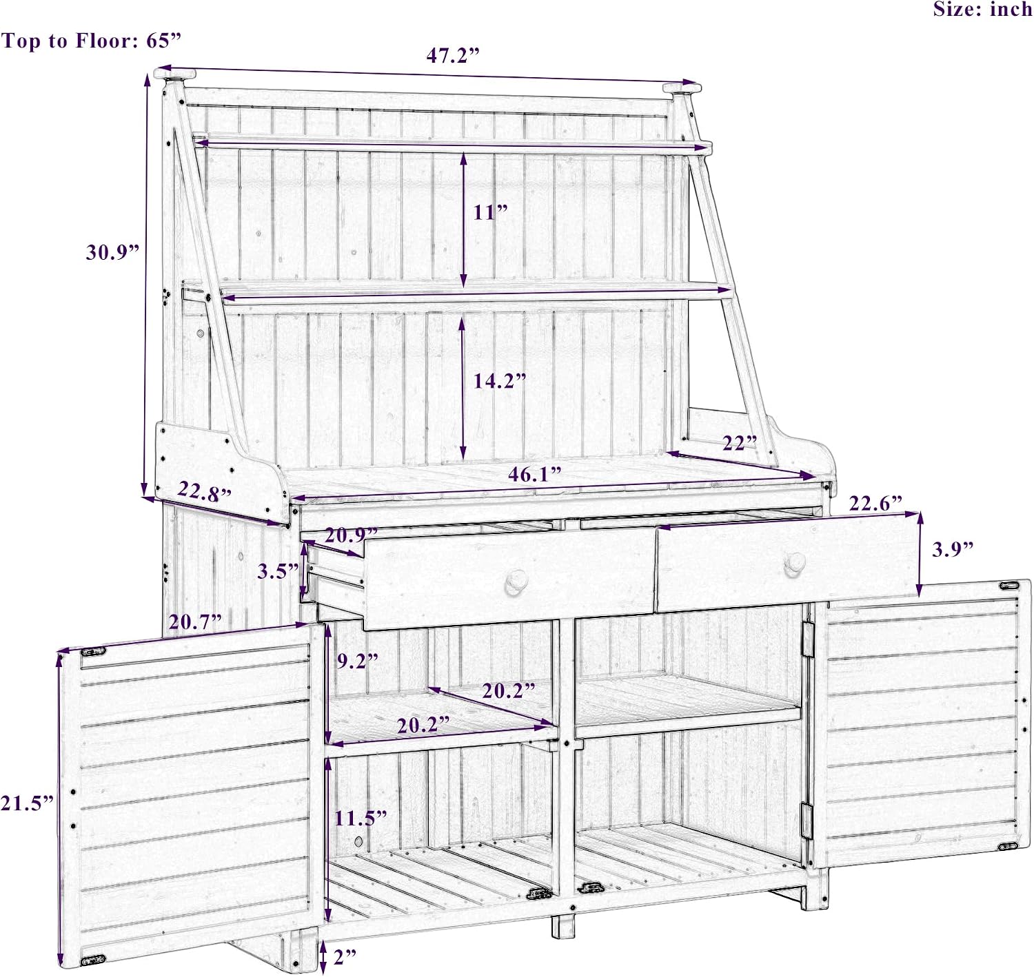 Rustic Outdoor Garden Potting Bench Table with 3 Tier Shelves and 2 Drawers, Large Gardening Workstation with Fir Wood Frame for Outdoor Space, Easy to Clean