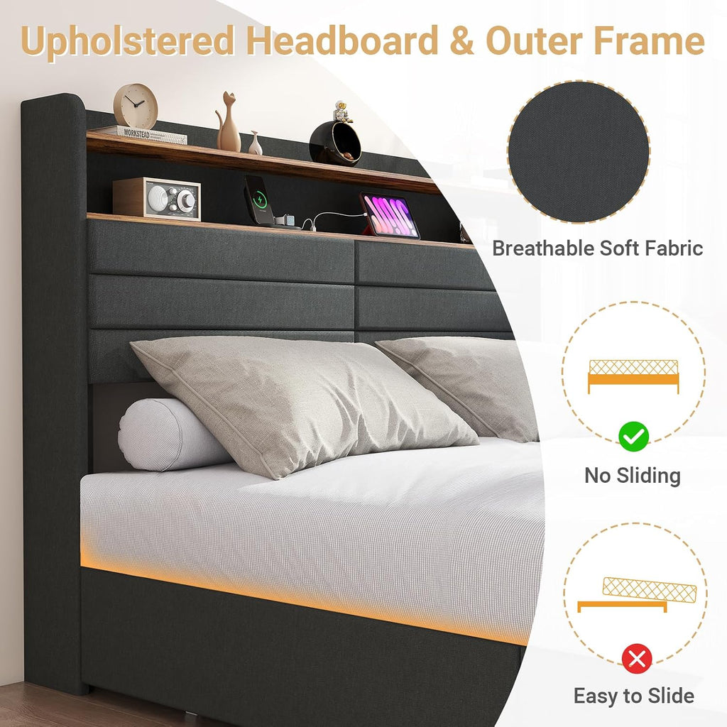 Zevemomo Queen Bed Frame with 4 Storage Drawers, Queen Size Upholstered Bed Frame with Headboard, LED, Charging Station with USB Ports & AC Outlets, Sturdy Metal Slat Support, Noiseless, Gray