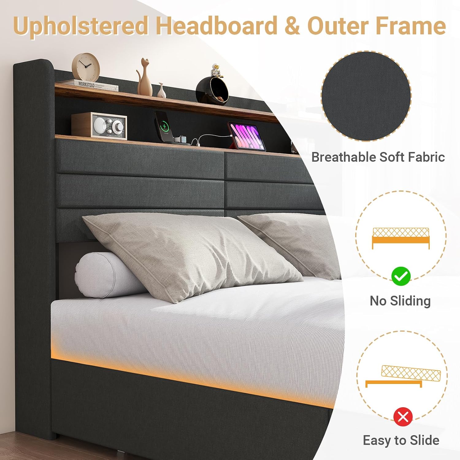 Zevemomo Queen Bed Frame with 4 Storage Drawers, Queen Size Upholstered Bed Frame with Headboard, LED, Charging Station with USB Ports & AC Outlets, Sturdy Metal Slat Support, Noiseless, Gray