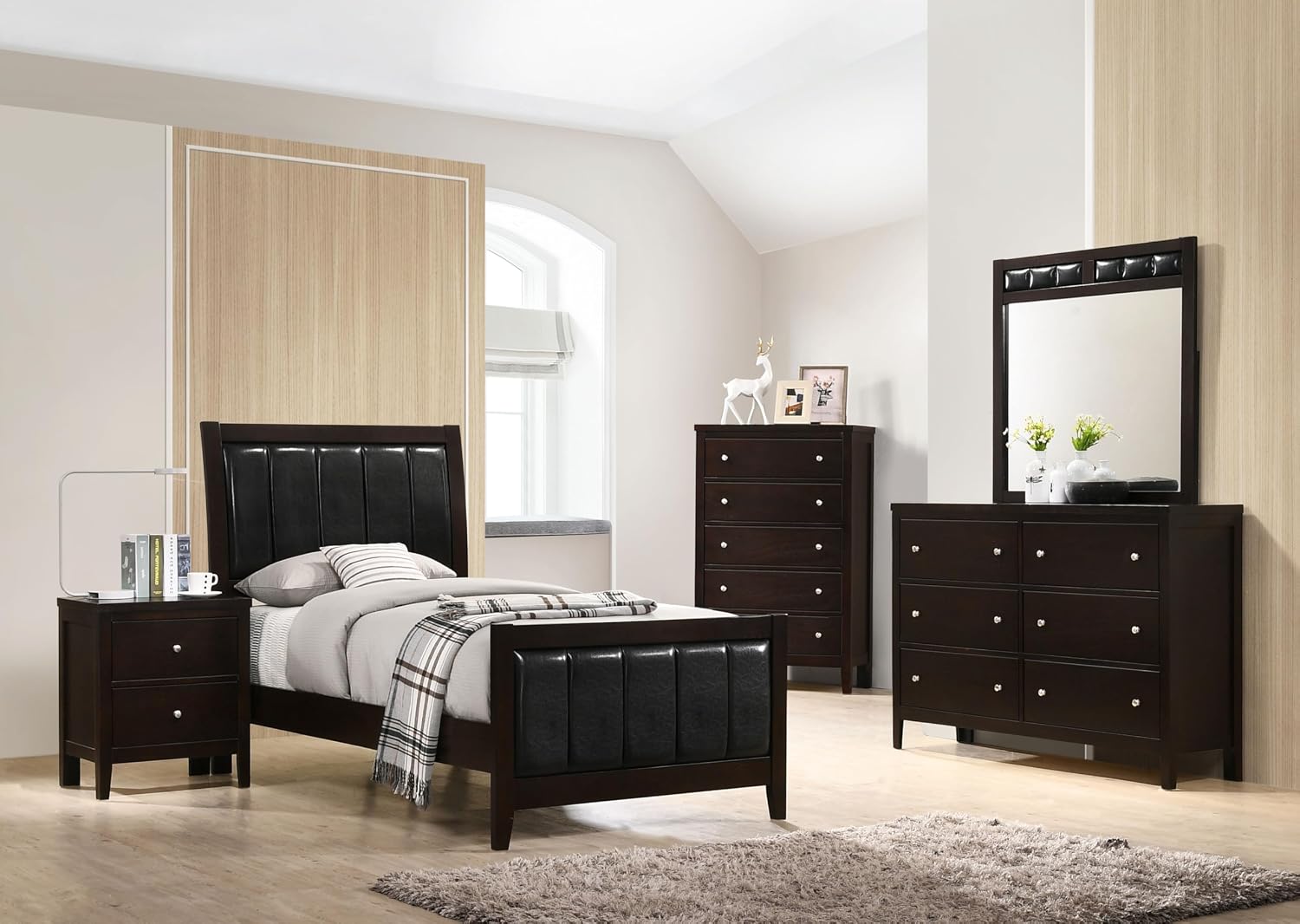 Coaster Home Furnishings Carlton Contemporary 5-Piece Bedroom Set Leatherette Upholstered Twin Size Panel Bed Frame 51-inch Headboard Cappuccino 202091T-S5