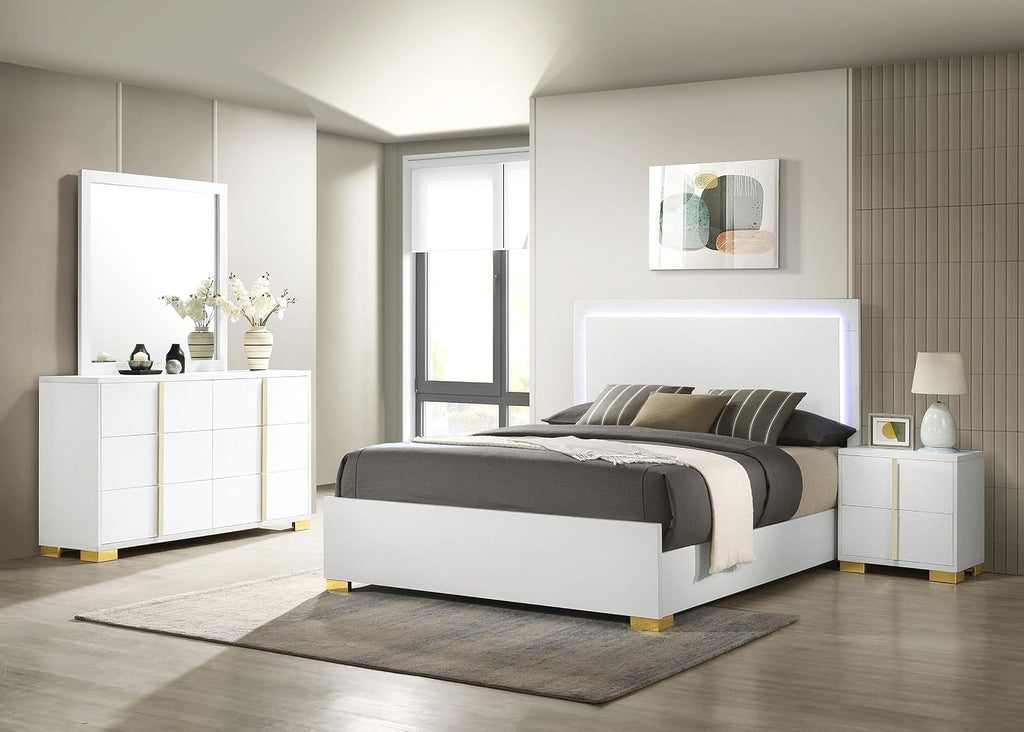 Coaster Home Furnishings Marceline Contemporary 4-Piece Bedroom Set Full Size LED Panel Bed Frame 51-inch Headboard White 222931F-S4
