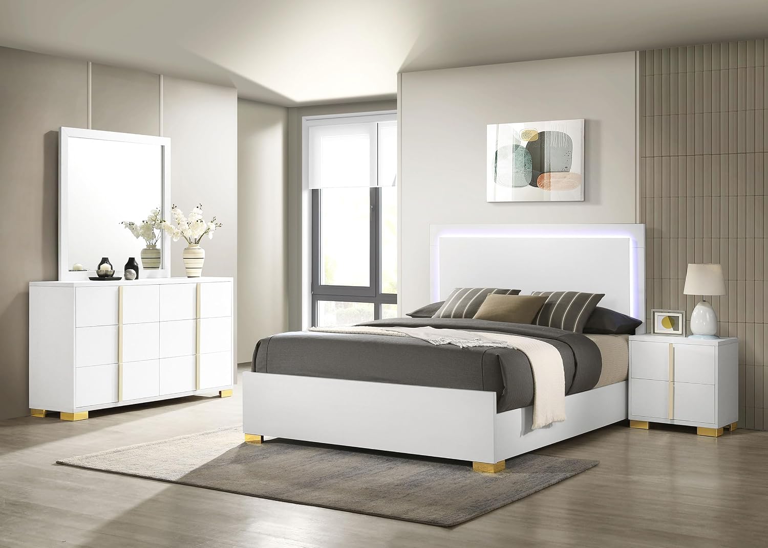 Coaster Home Furnishings Marceline Contemporary 4-Piece Bedroom Set Full Size LED Panel Bed Frame 51-inch Headboard White 222931F-S4