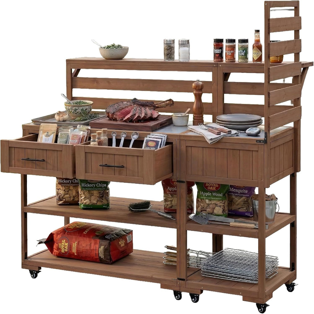 Patio Potting Bench Table with Stainless Table Top, Outdoor Large Garden Workstation on Wheels with Raised Shelf and Drawers for Backyard (Brown)
