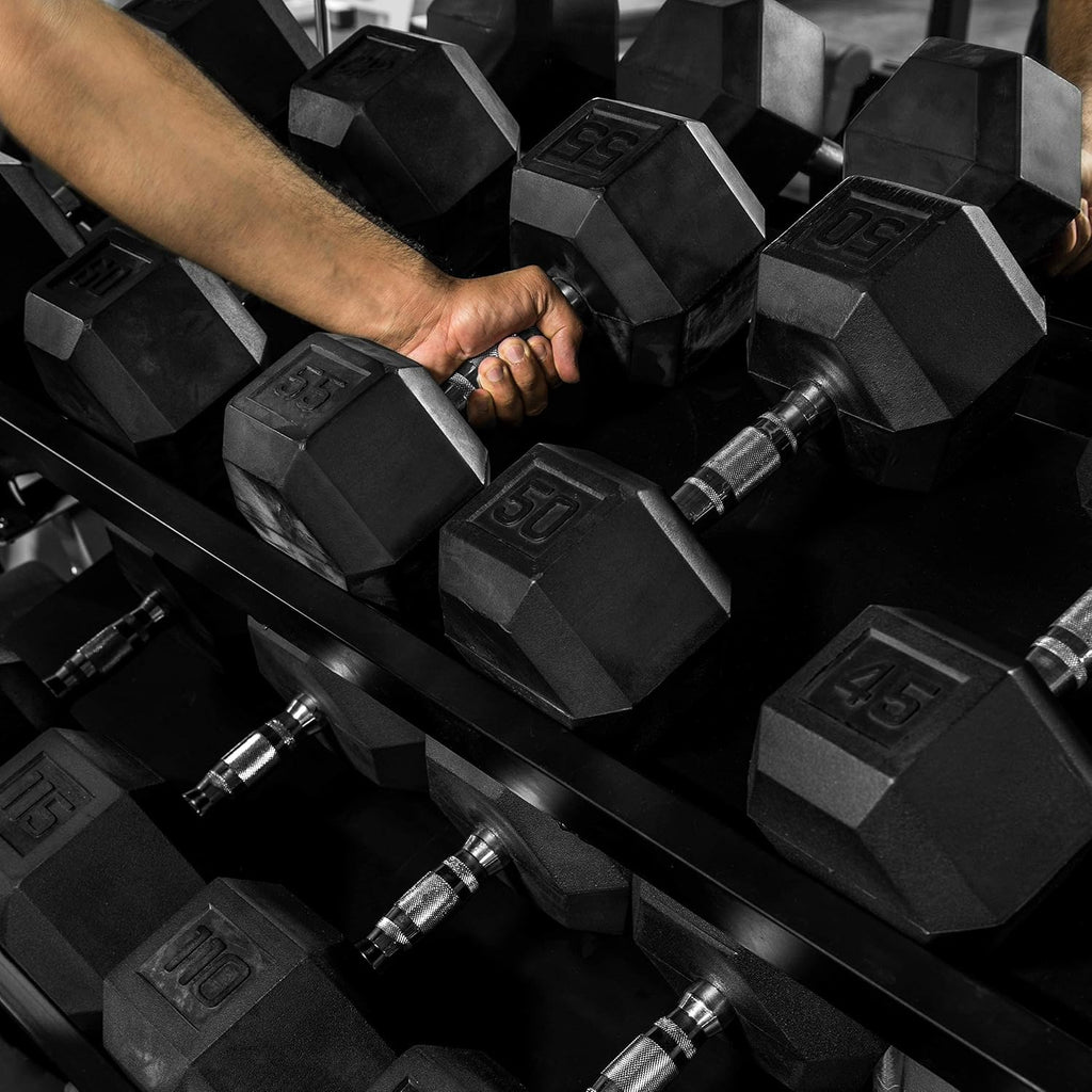 WF Athletic Supply Rubber Coated Solid Steel Cast-Iron Pair Dumbbells, Rubber Hex Dumbbells, Hex Weights Dumbbells for Muscle Toning, Full Body Workout, Home Gym Dumbbells, Pair