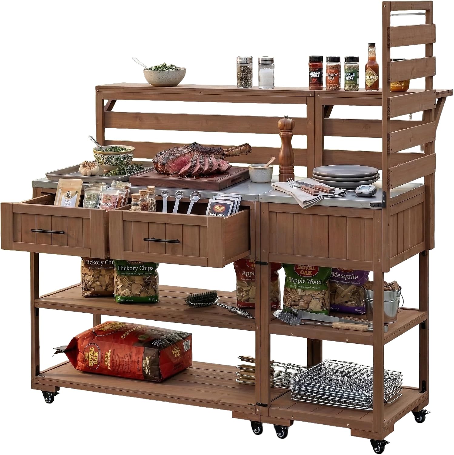 Roomfitters Garden Potting Bench with Wheels, Extra Wide Outdoor Potting Table and BBQ Prep Station, Storage Shelves, Brown