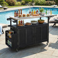 60.6' Outdoor Kitchen Island with Storage Cabinet, Solid Wood Grill Table Cart with Foldable Stainless Steel Top, Wheels and Adjustable Shelves, Outdoor Cooking Table for BBQ, Food Prep, Black