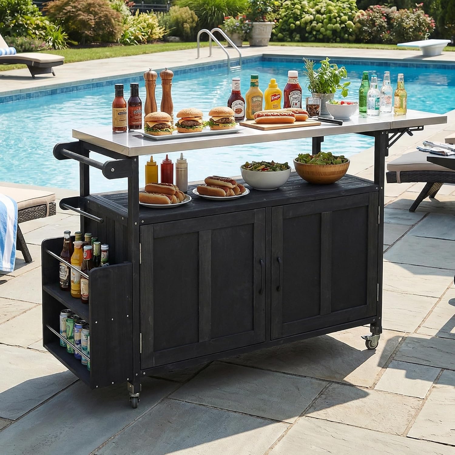 60.6' Outdoor Kitchen Island with Storage Cabinet, Solid Wood Grill Table Cart with Foldable Stainless Steel Top, Wheels and Adjustable Shelves, Outdoor Cooking Table for BBQ, Food Prep, Black