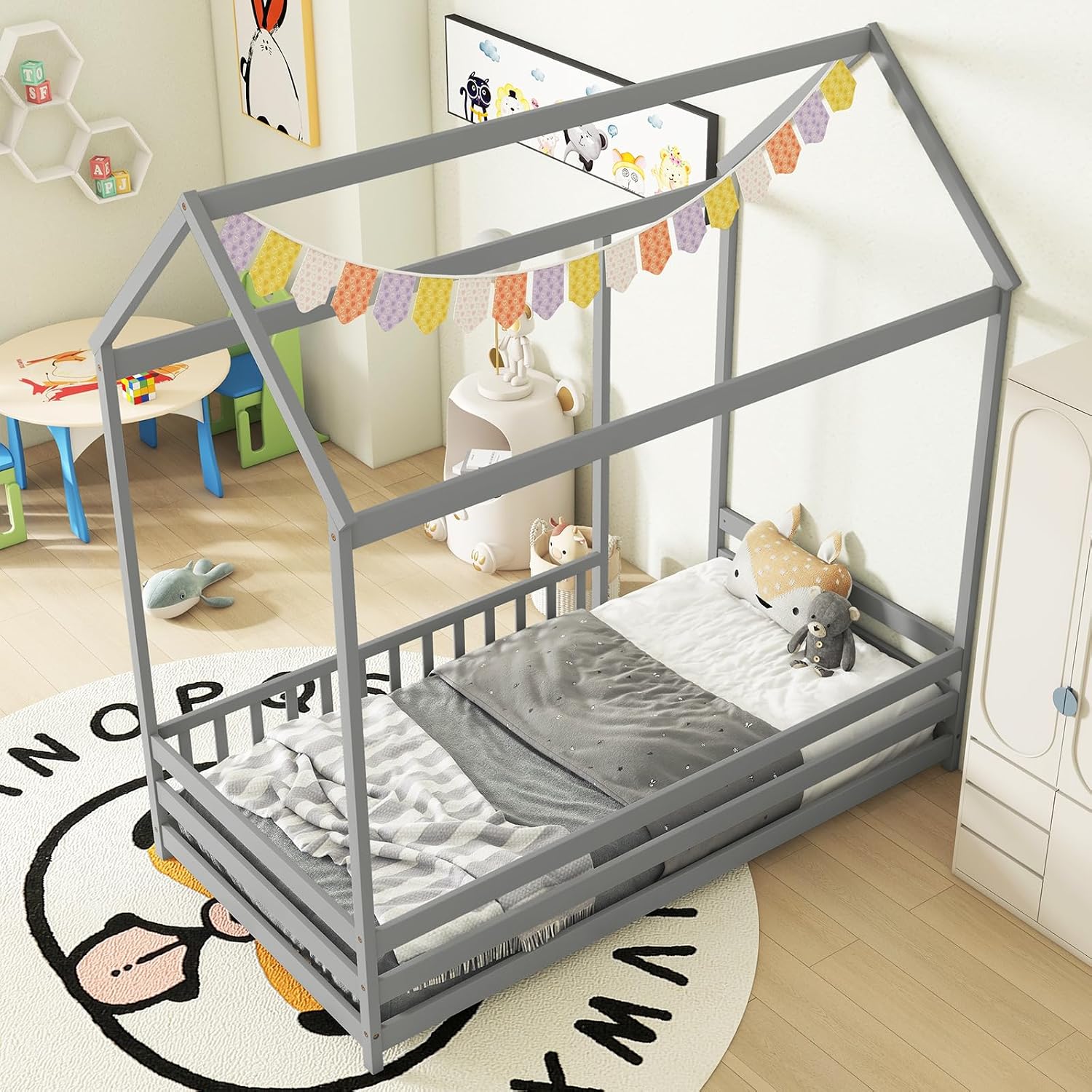 KOMFOTT Twin Size Floor House Bed, Wooden Montessori Bed with Roof & Full-Length Safety Guardrail, Floor Playhouse Bed Frame for Kids, Girls, Boys (Grey)