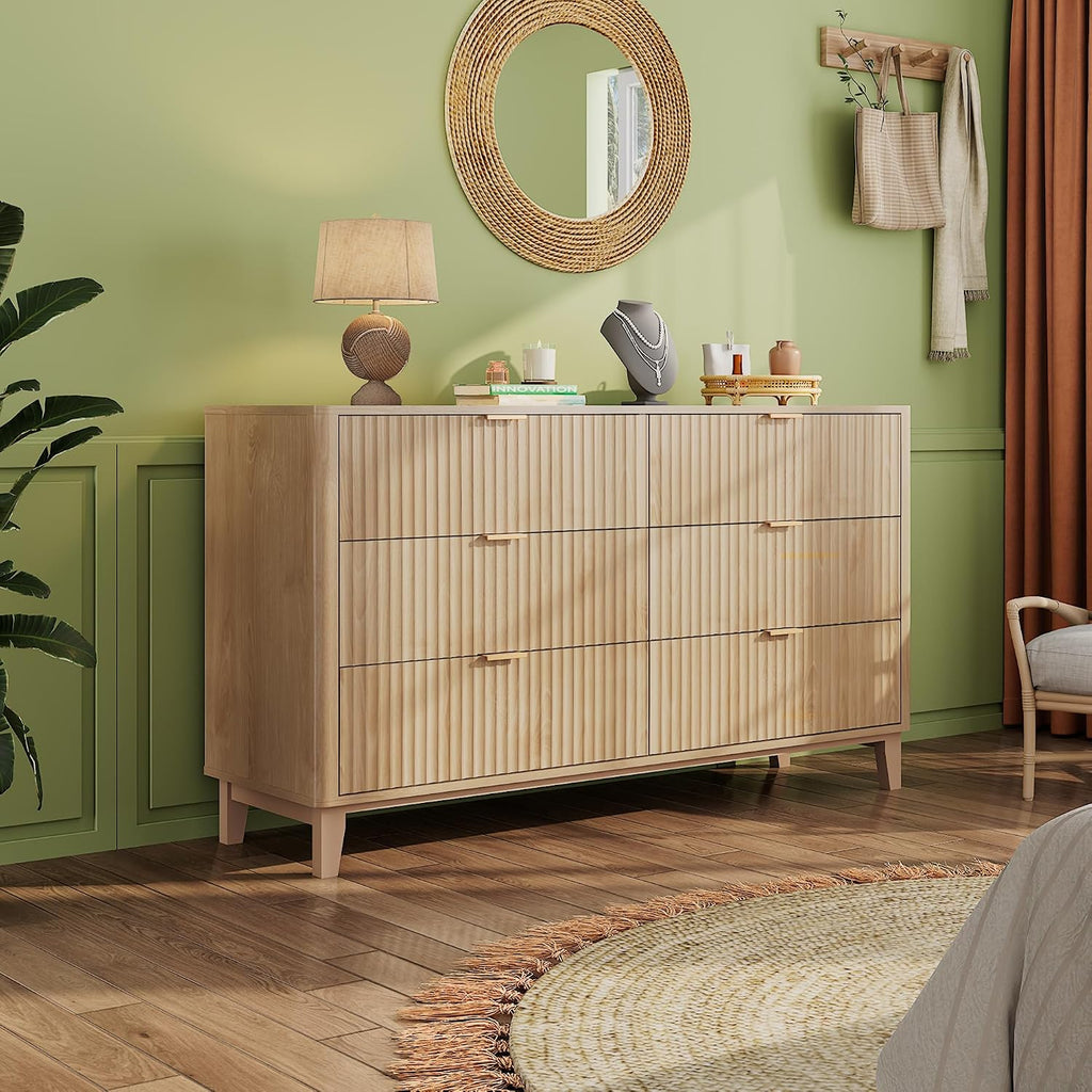 WLIVE Fluted Dresser for Bedroom with 6 Drawers, 54' Wide Wood Dresser with Metal Handles, TV Stand for 65 inch TV, Mid Century Modern Chest of Drawers for Living Room, Hallway, Closet, Natural Oak