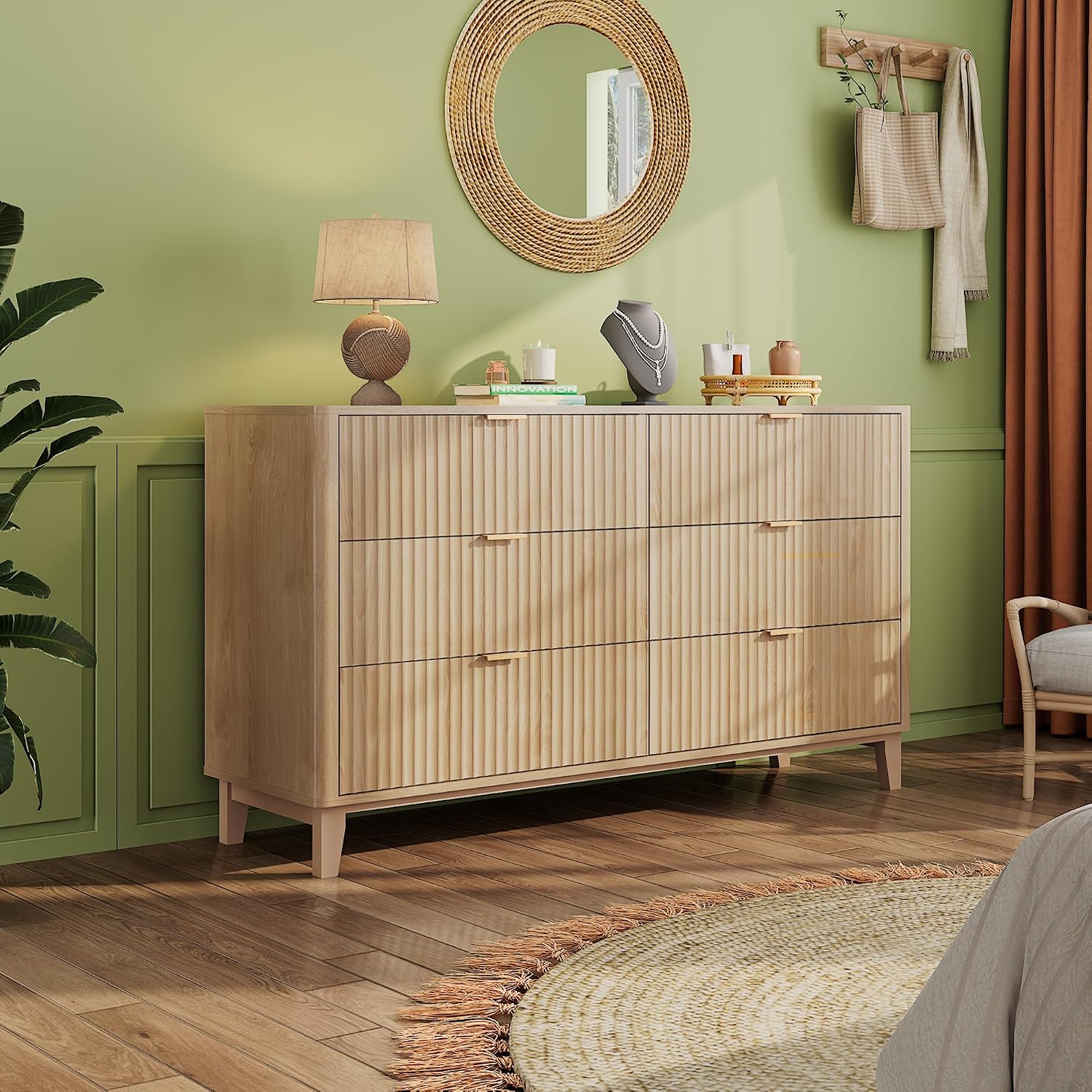 WLIVE Fluted Dresser for Bedroom with 6 Drawers, 54' Wide Wood Dresser with Metal Handles, TV Stand for 65 inch TV, Mid Century Modern Chest of Drawers for Living Room, Hallway, Closet, Natural Oak