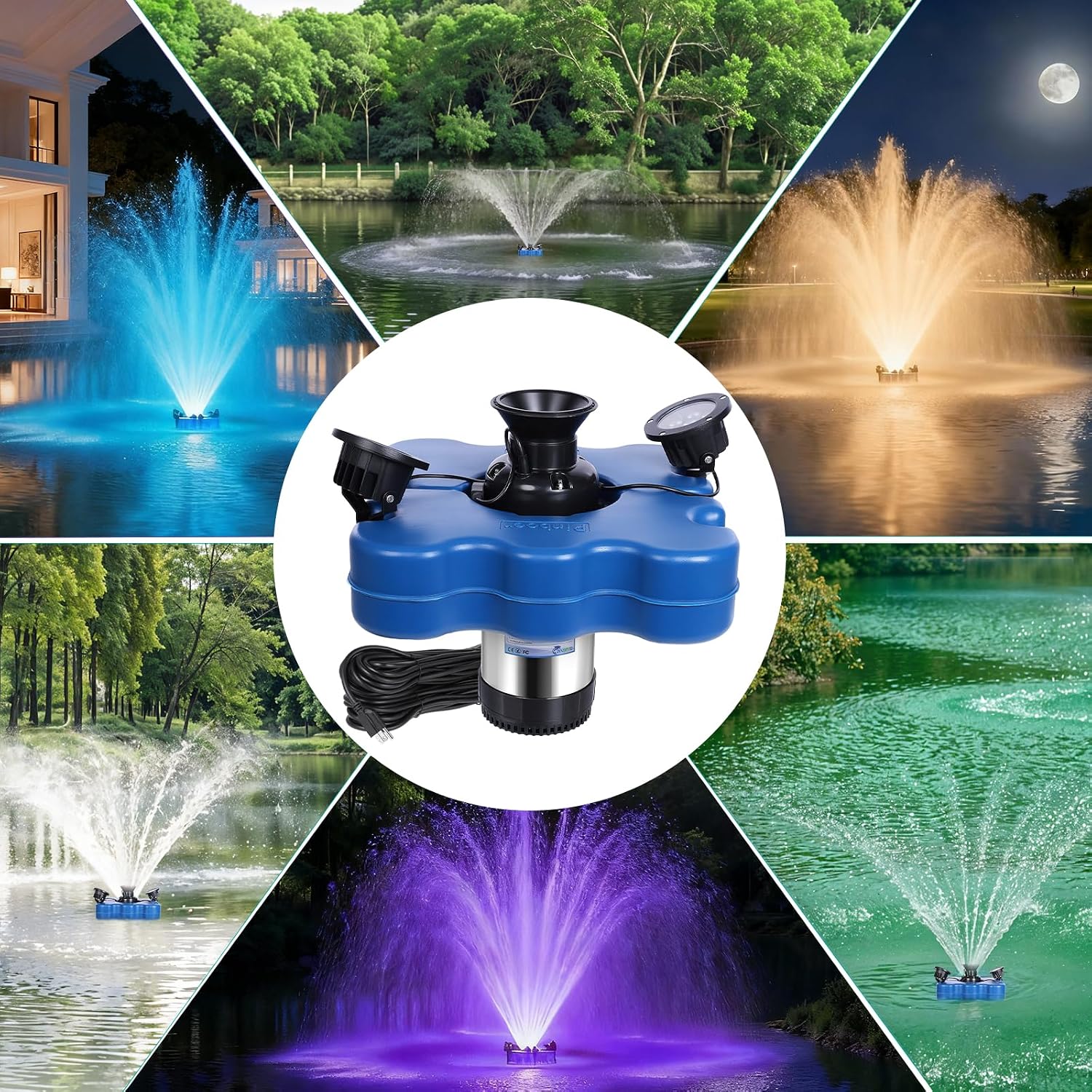 Pond Fountain Aerator with Led Lights RGB-15000 GPH,110V 1HP 750W Floating Fountain Aeration for Large Ponds,Aerating Fountain Pump for Outdoor Ponds & Lakes with 15A/100FT Power Cord