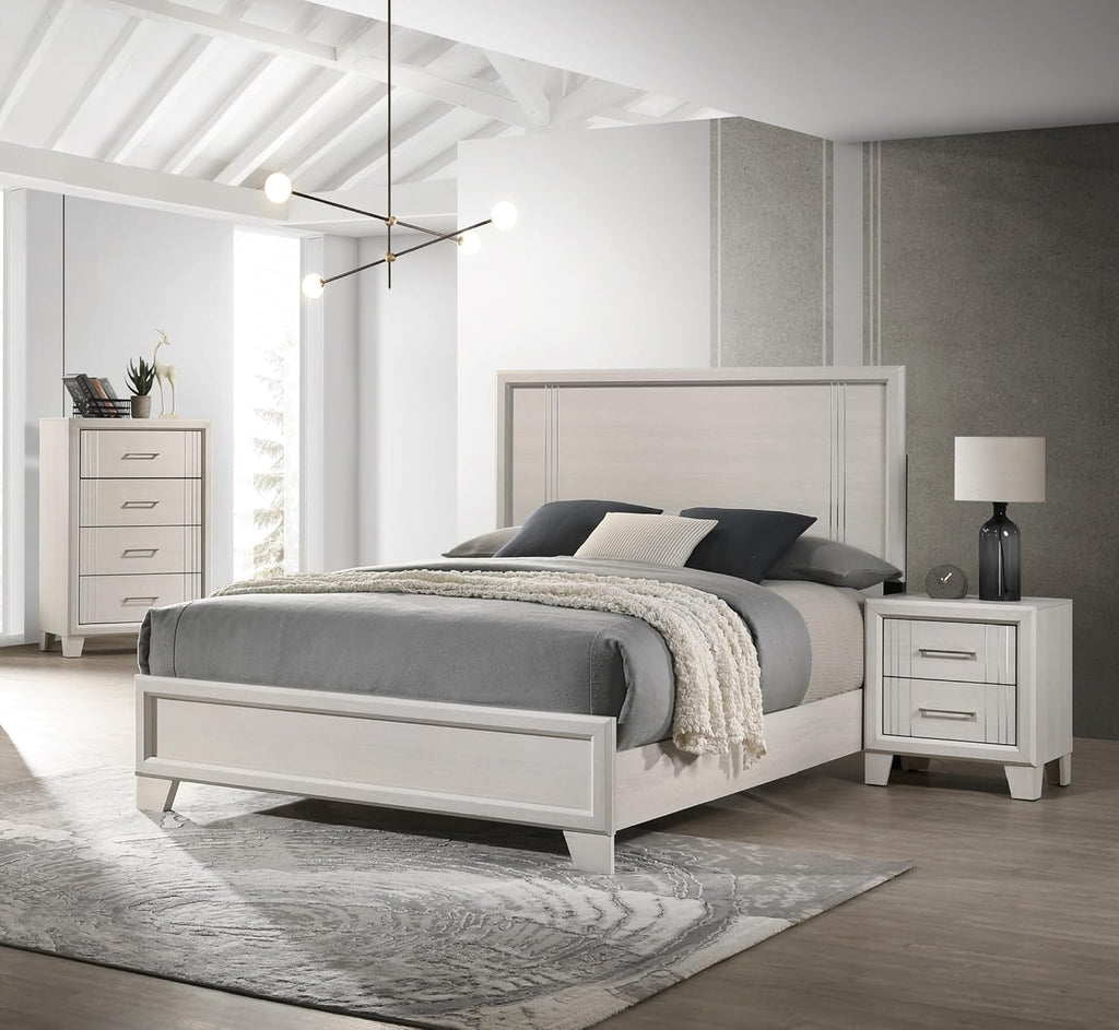 Contmeporary Beautiful Lustrous White Cream Finish Full Size Panel Bed 3pc Set Wooden Bedroom Furniture