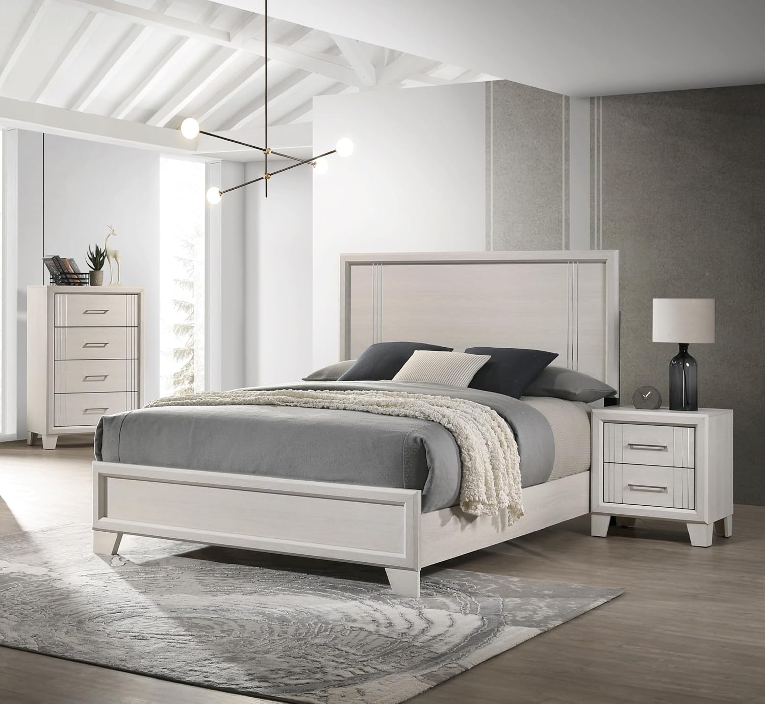 Contmeporary Beautiful Lustrous White Cream Finish Full Size Panel Bed 3pc Set Wooden Bedroom Furniture