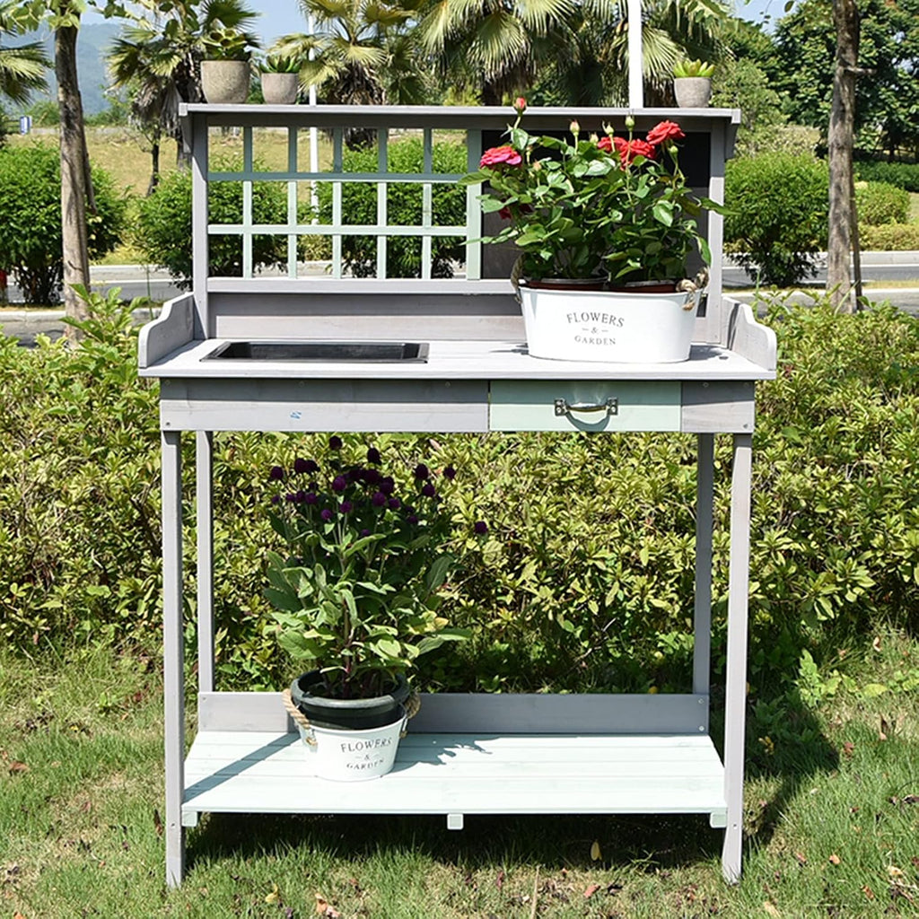 Garden Potting Bench Table, Wooden Outdoor Garden Potting Bench with Sink, Drawer and Blackboard, Natural Fir Wood Gardening Workbench for Patios