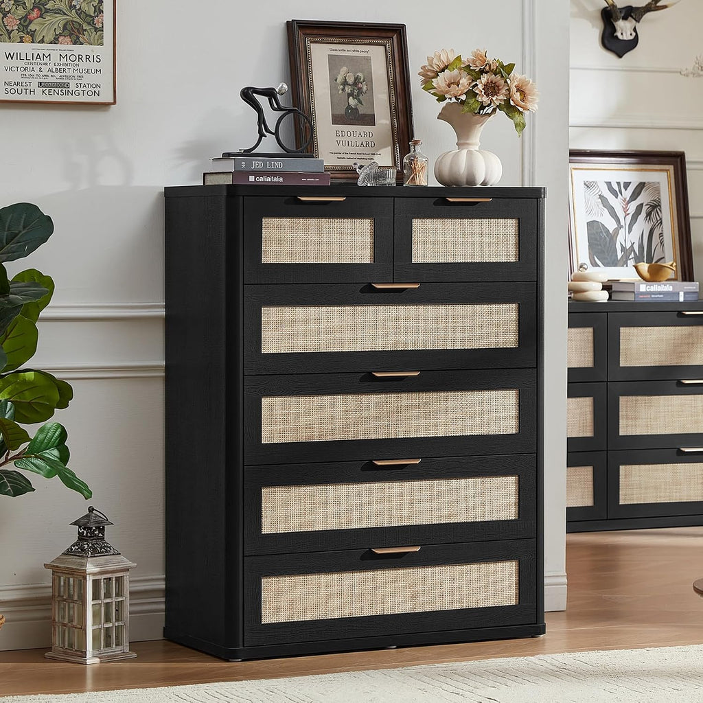LEYAOYAO Rattan Dresser for Bedroom Set of 2, 42' Tall Chest of Drawers, Modern 6 Drawers Boho Dressers with Storage, Light Oak Dresser Wooden Closet Organizer for Living Room, Hallway, Black
