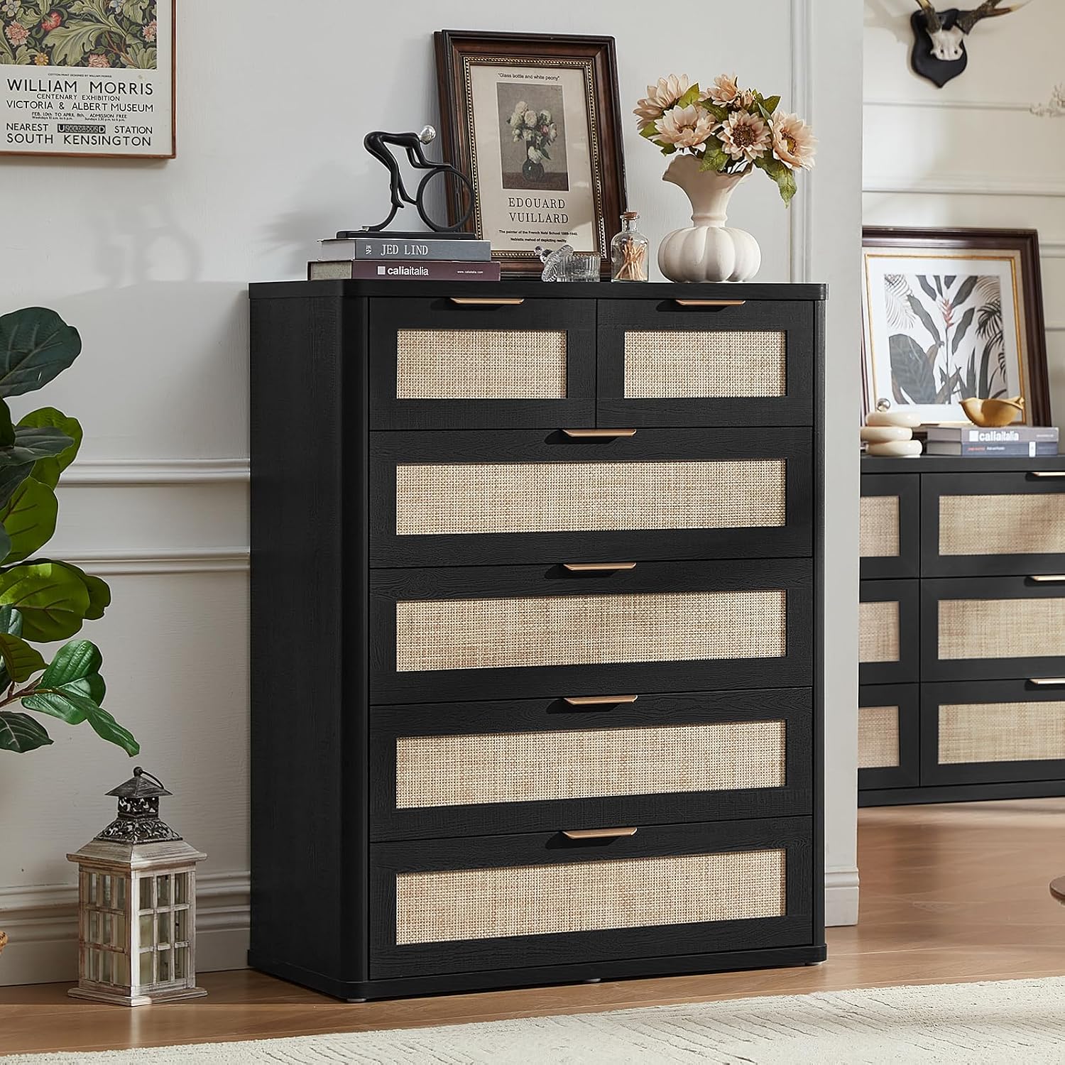 LEYAOYAO Rattan Dresser for Bedroom Set of 2, 42' Tall Chest of Drawers, Modern 6 Drawers Boho Dressers with Storage, Light Oak Dresser Wooden Closet Organizer for Living Room, Hallway, Black