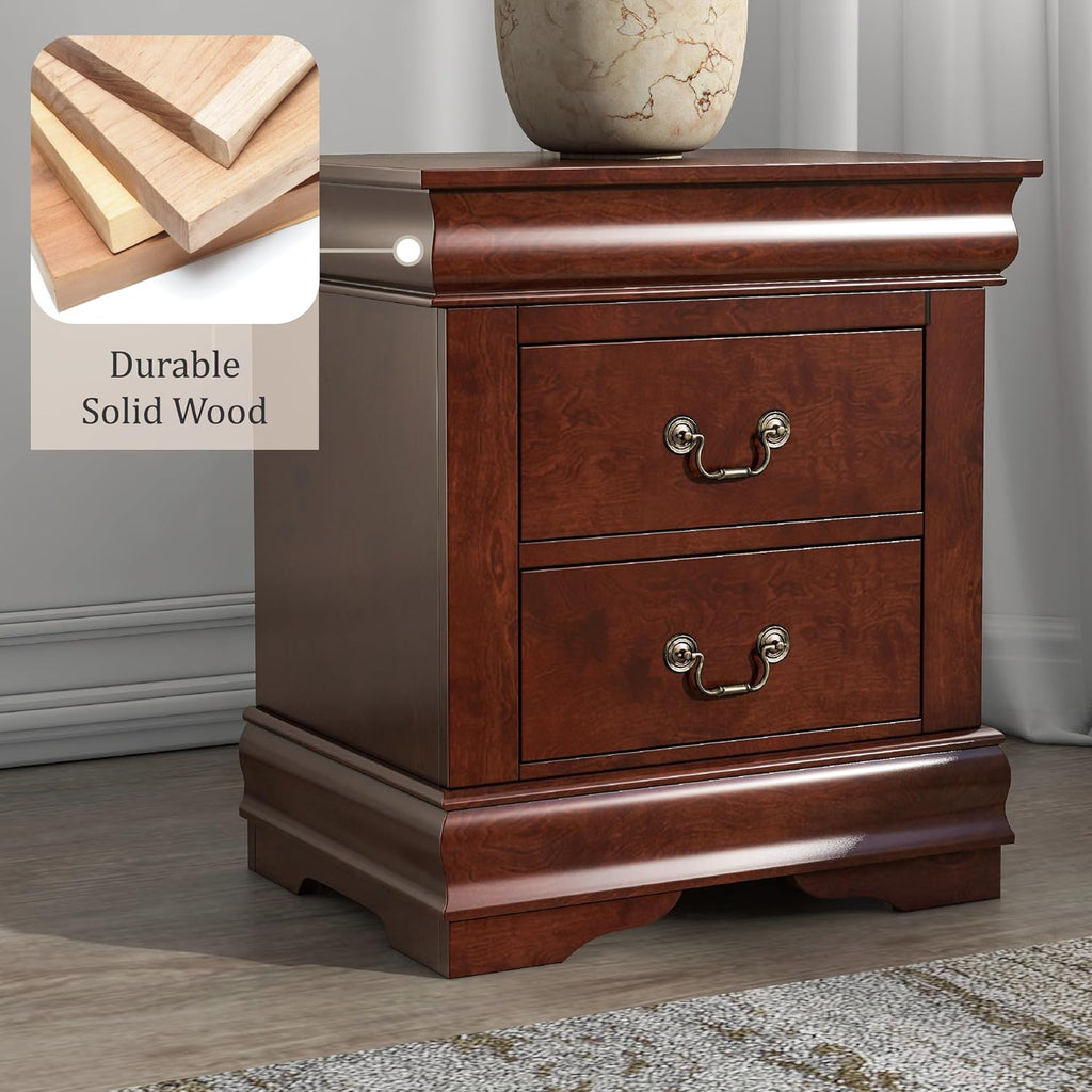 Furniture of America Louis Philippe Traditional Solid Wood 4 Piece Bedroom Set, Full Bed Frame, Nightstand, and Dresser with Mirror, Bedframe with Headboard and Footboard, Box Spring Needed, Cherry