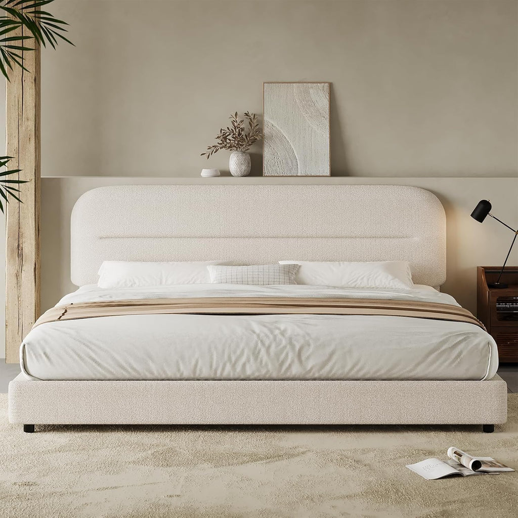 HOMBCK King Size Bed Frame, Upholstered Boucle Bed Frame King with Headboard, Soft Cloud Bed Frames with Thickened Footboard, Rounded Corners, No Box Spring Required, Easy Assembly, Cream