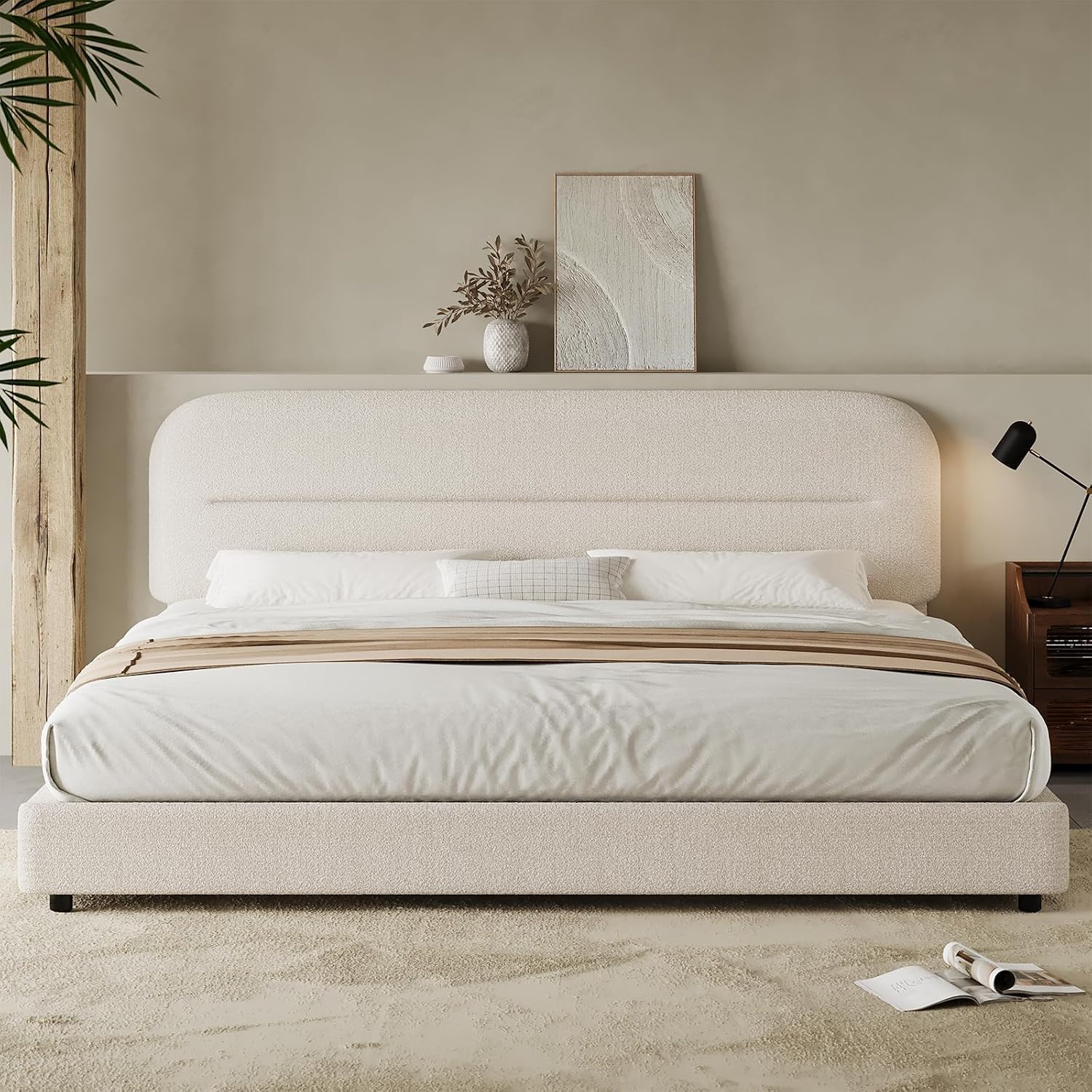 HOMBCK King Size Bed Frame, Upholstered Boucle Bed Frame King with Headboard, Soft Cloud Bed Frames with Thickened Footboard, Rounded Corners, No Box Spring Required, Easy Assembly, Cream