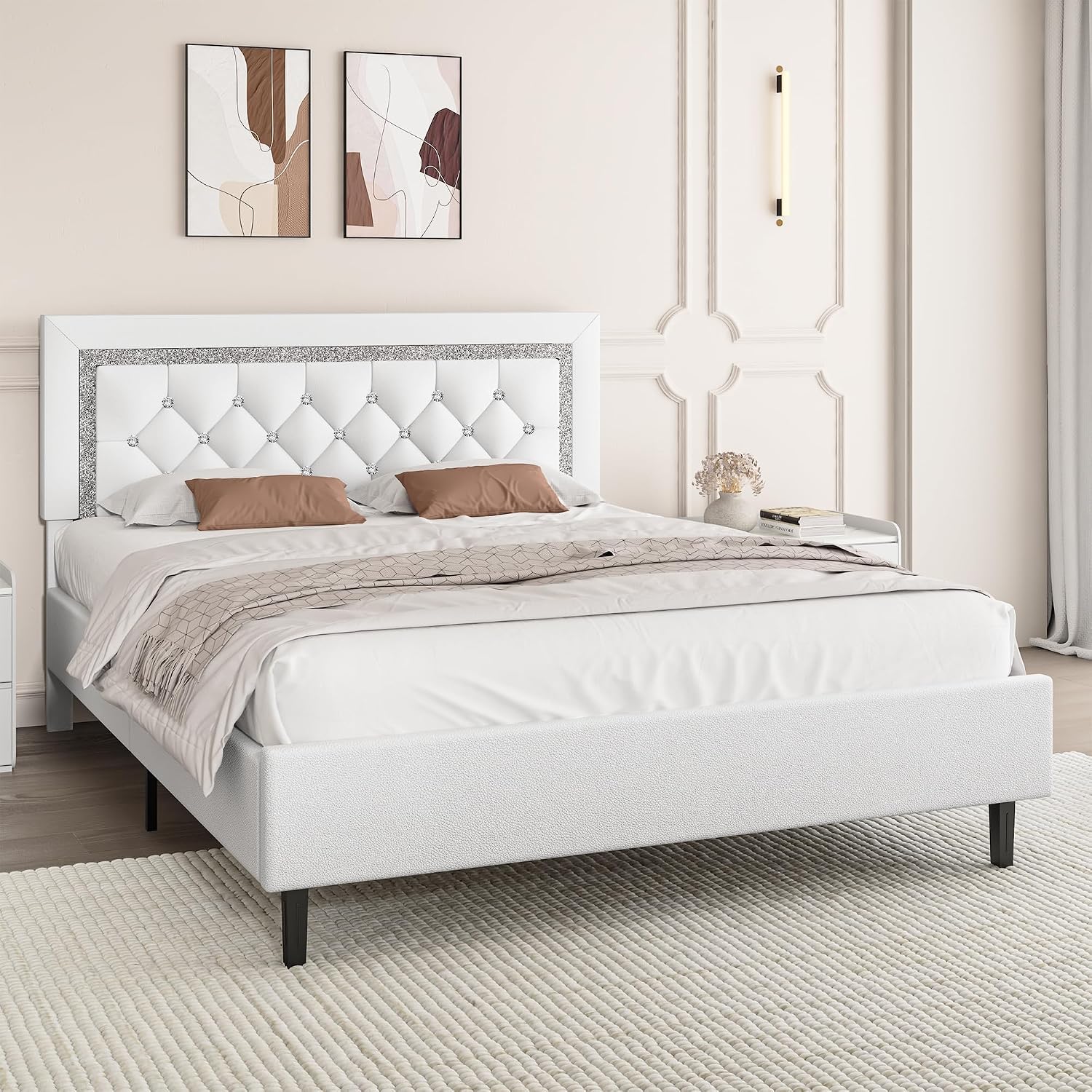 BarnFurin Full Size Bed Frame with Tufted Button Headboard, Upholstered Platform Bed Frame with Diamond Design, Wood Slat Support, No Box Spring Needed, Easy Assembly, White