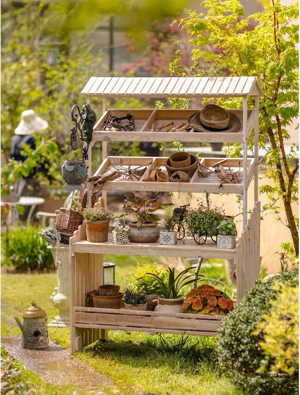 Potting Bench Table with Wheels, Wooden Garden Potting Table Work Table Workstation with 2 Tier Display Rack/Storage Shelf
