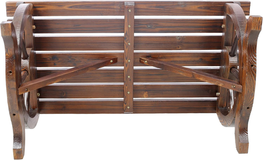 2 People Modern Outdoor Rustic Wooden Bench with Wagon Wheel Legs, Brown Garden Chair Front Porch Furniture, for Park, Yard, Lawn
