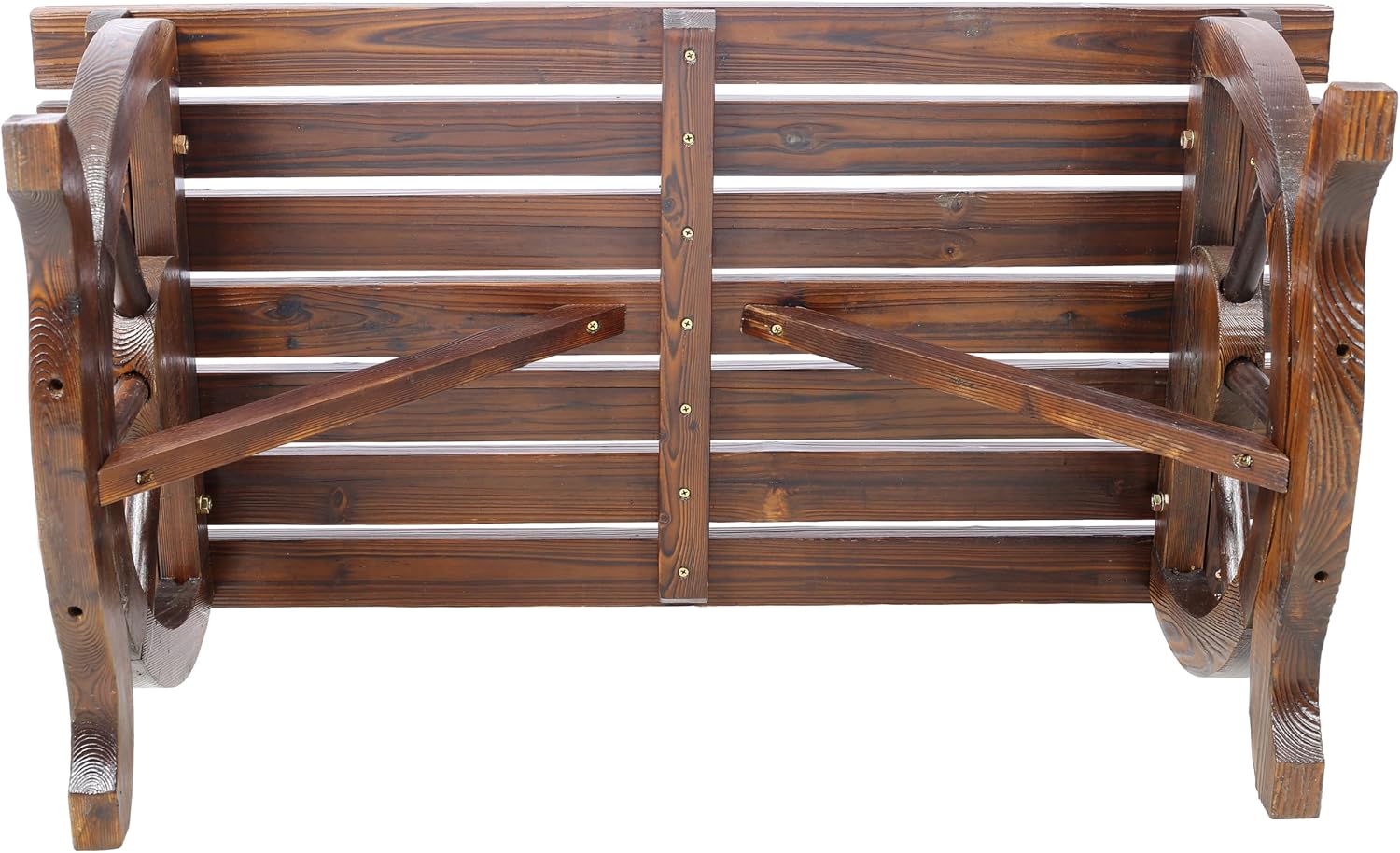 2 People Modern Outdoor Rustic Wooden Bench with Wagon Wheel Legs, Brown Garden Chair Front Porch Furniture, for Park, Yard, Lawn