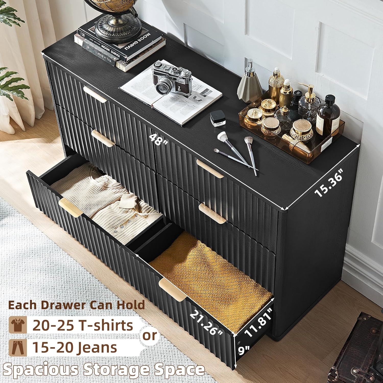 LEYAOYAO Fluted Dresser and 2 Drawers Nightstand Set of 2, Wood 48' Wide Dresser & 23' Night Stand with Charging Station, 3 Piece Bedroom Furniture Set, Chest of Drawers for Home,Living Room,Black