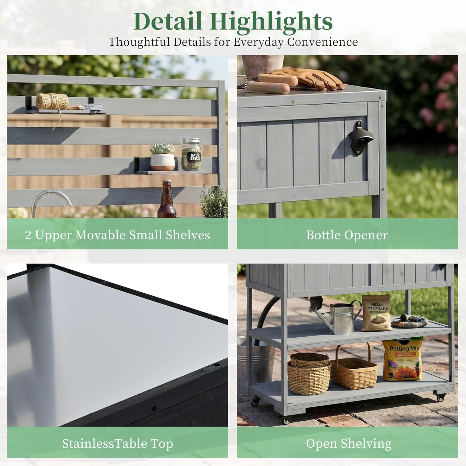41.7' W Outdoor Kitchen Island with Stainless Steel Top, Garden Potting Bench with Sink, Rolling Grill Cart with 2 Movable Shelves, 1 Bottle Opener for Gardening, Grilling, Gray