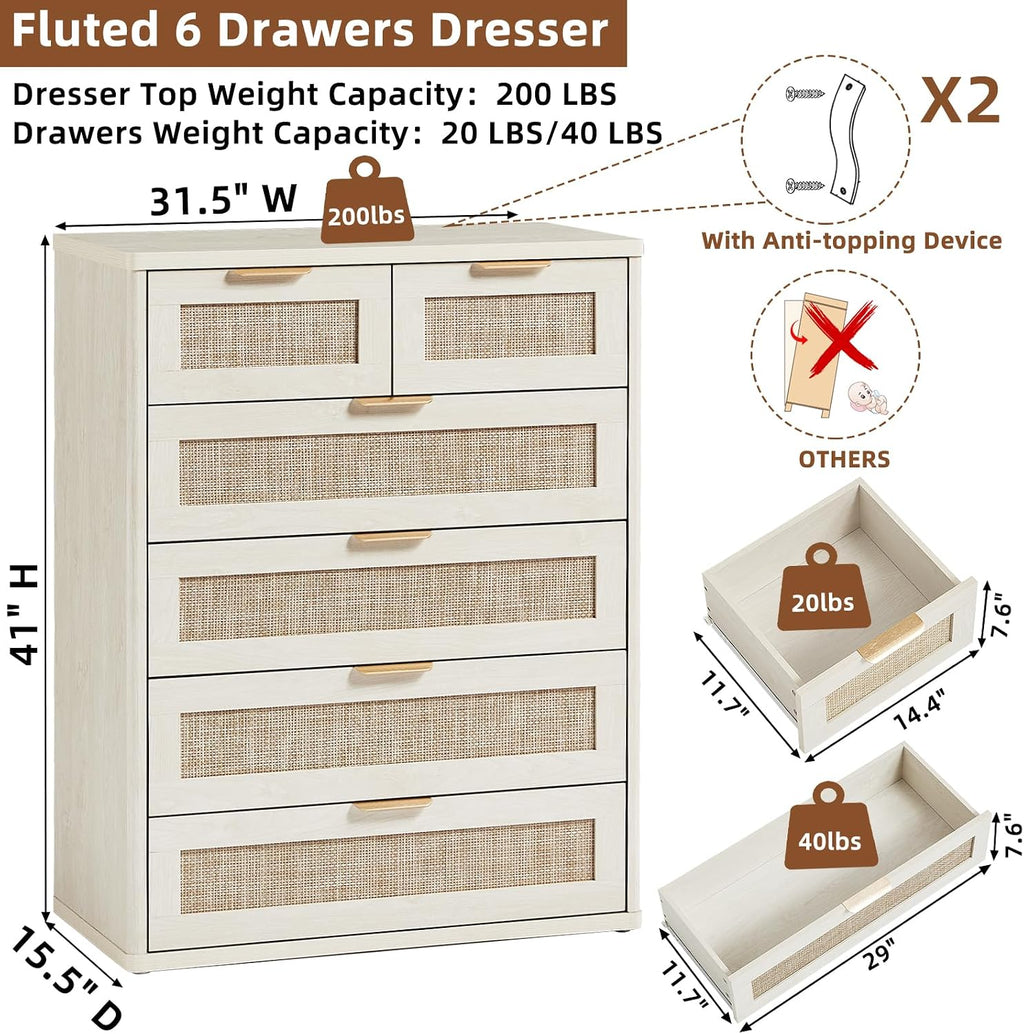 LEYAOYAO White Dresser for Bedroom Set of 2, 41' Tall Chest of Drawers, Modern 6 Drawers Boho Rattan Dressers with Storage, Dresser Wooden Closet Organizer for Living Room, Hallway