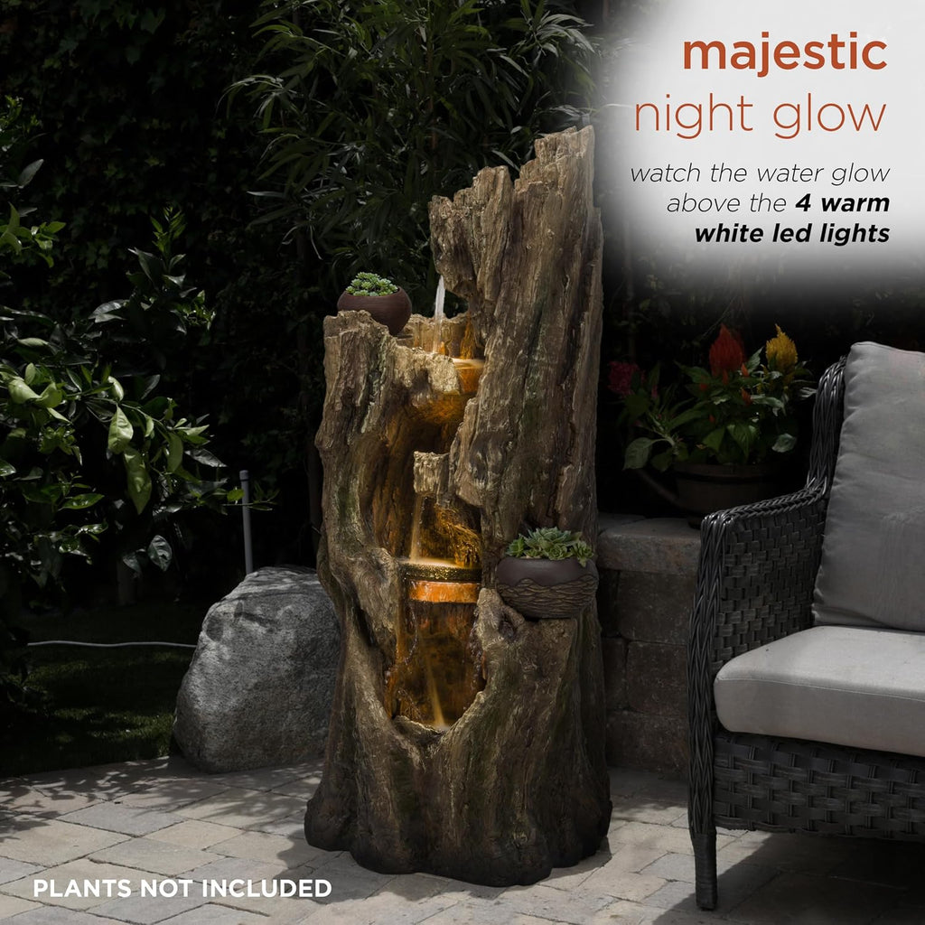 Alpine Corporation WIN1530 Indoor/Outdoor Floor Waterfall, Tree Trunk Fountain w/LED Lights & 2 Flower Pots, 52', Brown