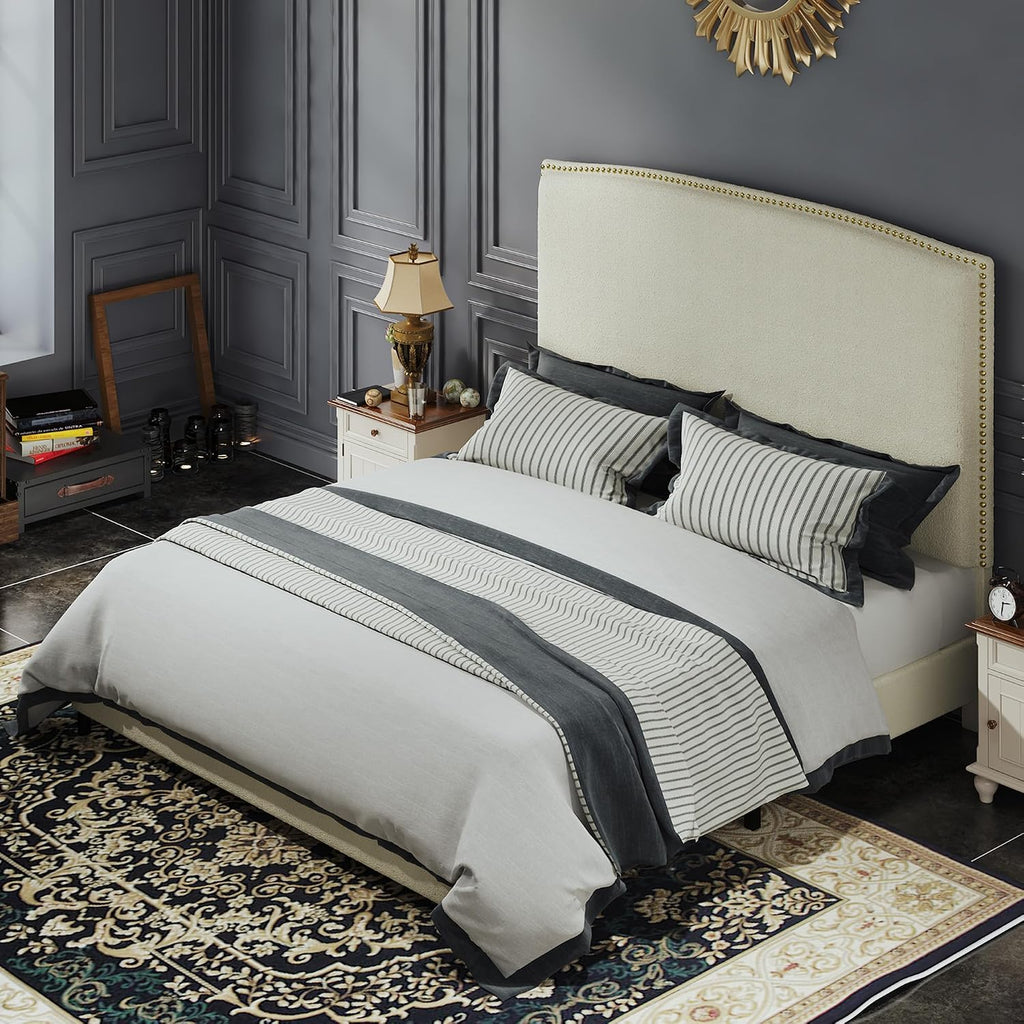 BarnFurin Full Size Chenille Bed Frame with 56' Tall Headboard, Upholstered Platform Bed with Nailhead Trim Headboard, Soft Boucle Fabric, No Box Spring Needed, Easy Assembly, Beige