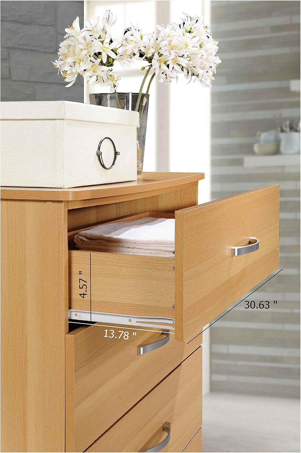HODEDAH 5 Drawer Wood Dresser for Bedroom, Chest of Drawers with Metal Rails for Support when Storing Clothing, Beech, 47.8x31.5 inches