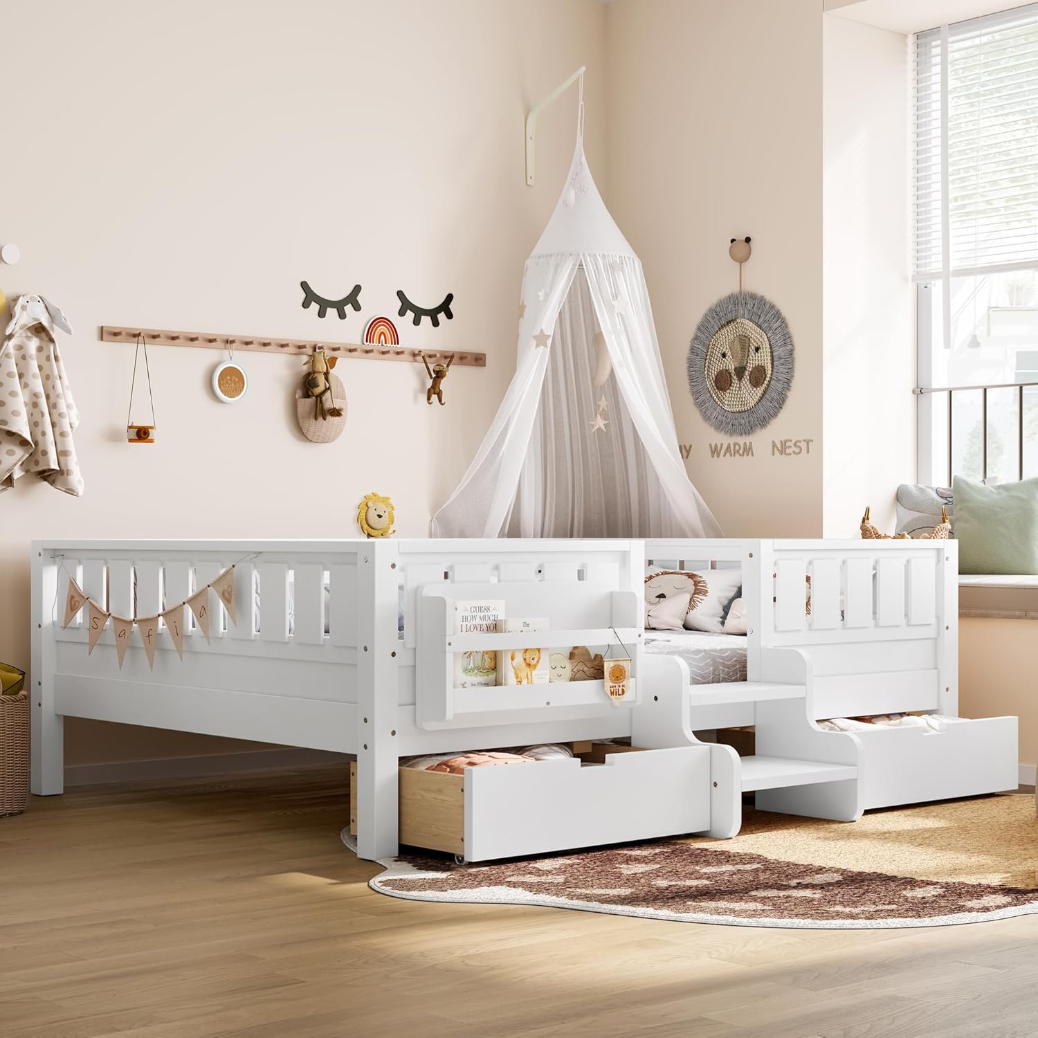 Bellemave Full Size Bed with Slats and Stairs, Full Size Platform Bed Frame with Fence, Bookshelf and Storage Drawers, Easy Assemble Beds for Kids, Girls, Boys, White