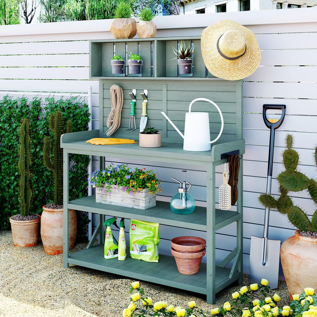 65' Farmhouse Rustic Wooden Outdoor Potting Bench - Patio Workstation with 4 Storage Shelves and Side Hooks (Green, 65inch)