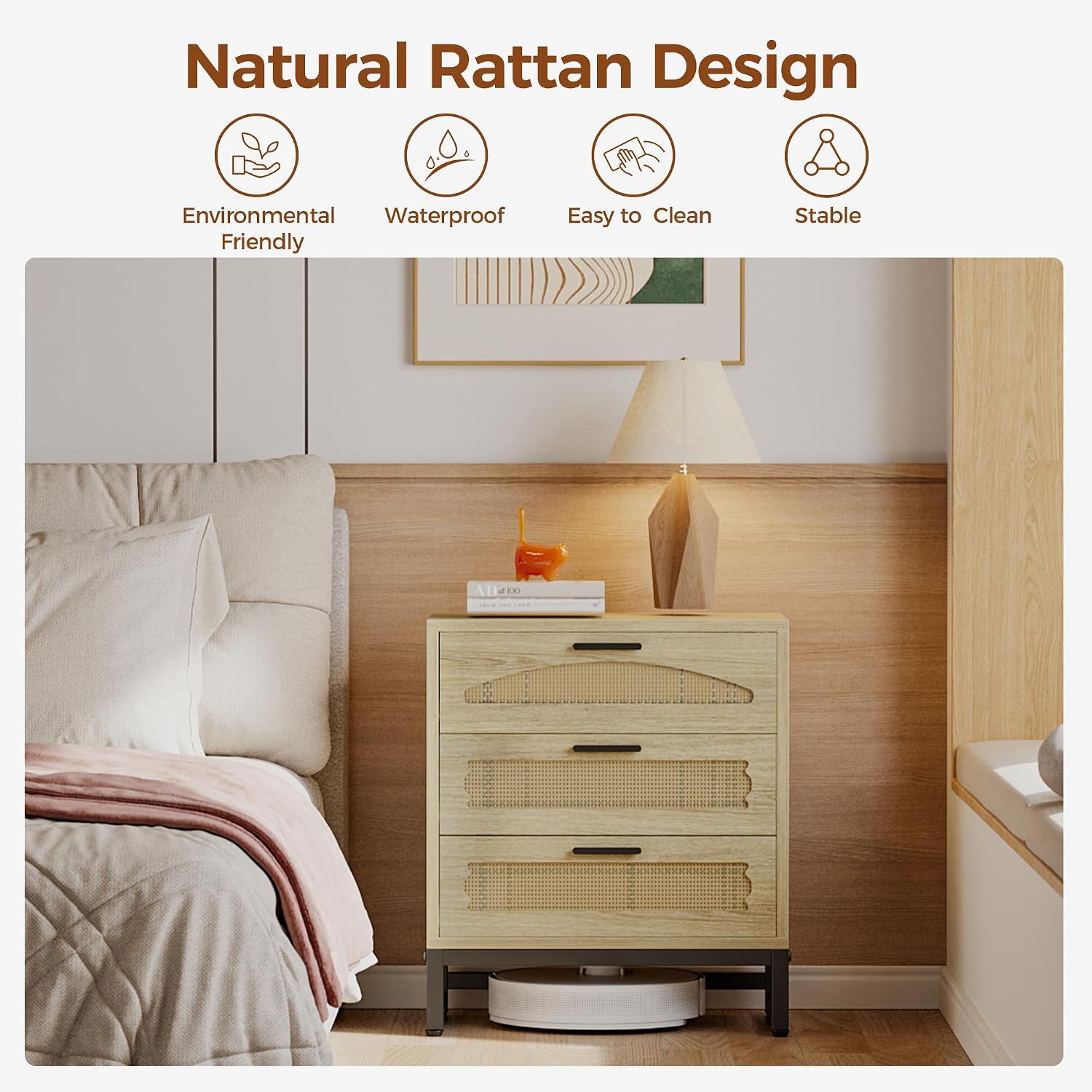 Mericonia 3 Drawer Rattan Dresser for Bedroom, Wood Dresser for Closet with Metal Handles, Small Boho Nightstand Sets, Dressers & Chests of Drawers for Bedroom, Hallway and Entryway, Oak