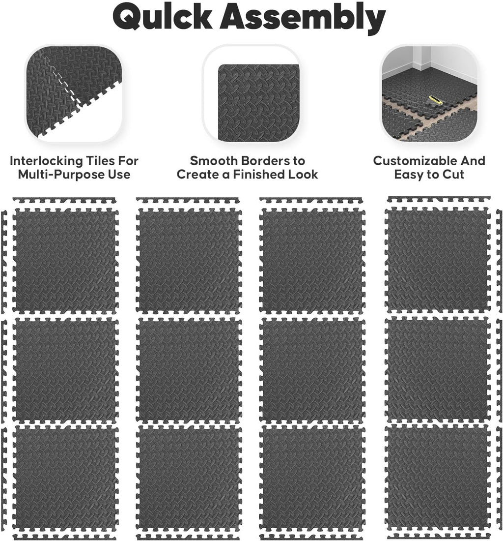 36 Pack Home Gym Mat, Puzzle Exercise Mat, EVA Interlocking Foam Floor Tiles for Home Workout Equipment and Kids' Play Areas - Blue, 24 in x 24 in x ½ in - (Black, 36 Pack (144 SQ FT))
