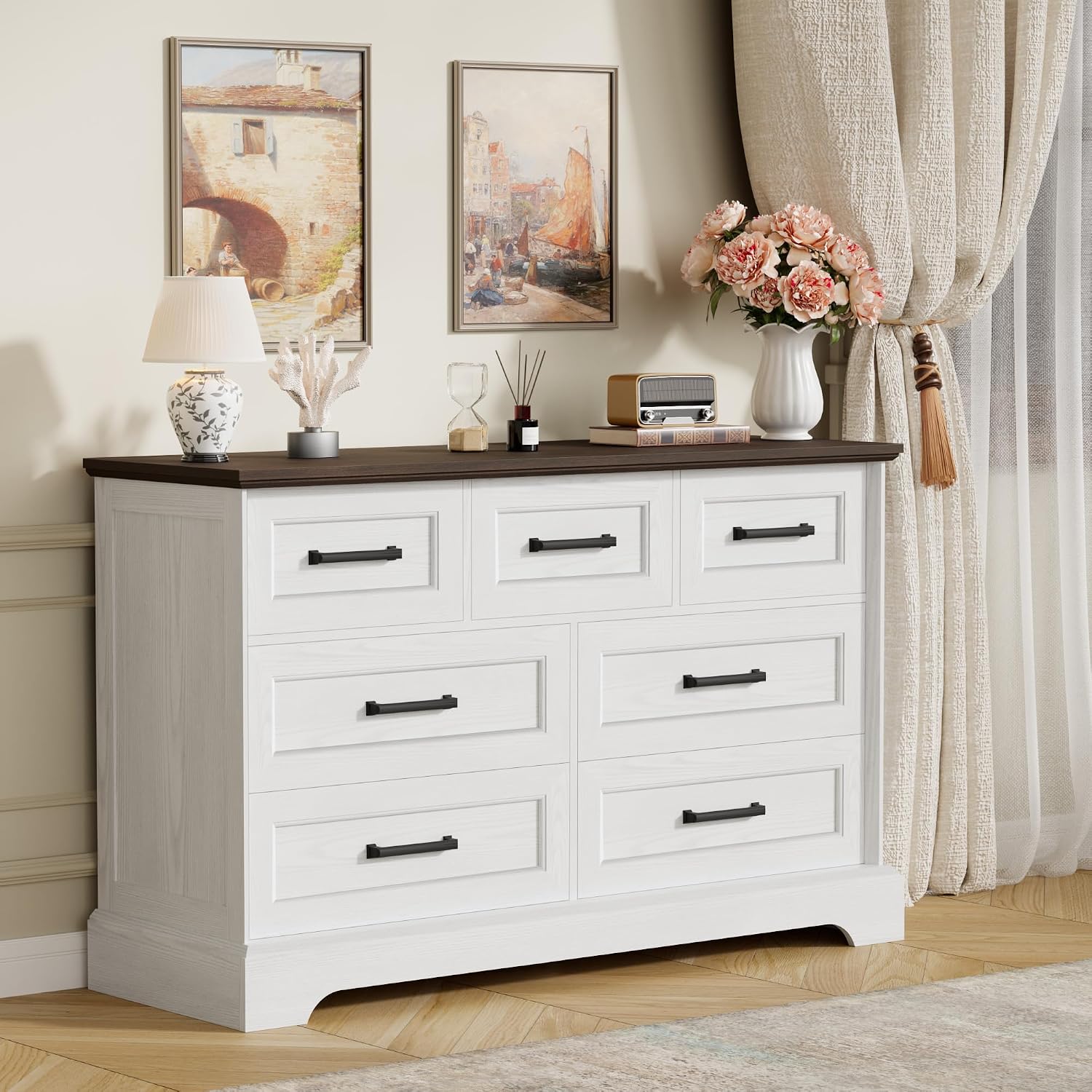 Furmax Farmhouse Dresser for Bedroom, 7 Drawers Dresser, Wood Chest of Drawers, 47.5' Wide Storage Dressers Organizer for Bedroom, Living Room, White and Brown
