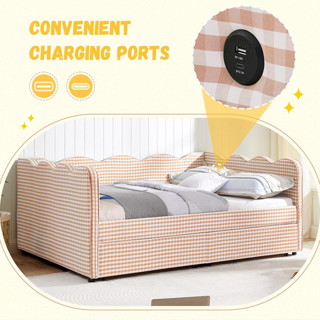 DEINPPA Full Size Upholstered Daybed with 2 Storage Drawers, Gingham Daybed with USB Ports for Bedroom Living Room Guest Room-Pink