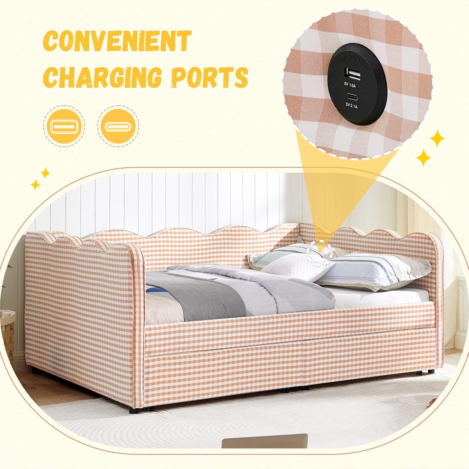 DEINPPA Full Size Upholstered Daybed with 2 Storage Drawers, Gingham Daybed with USB Ports for Bedroom Living Room Guest Room-Pink