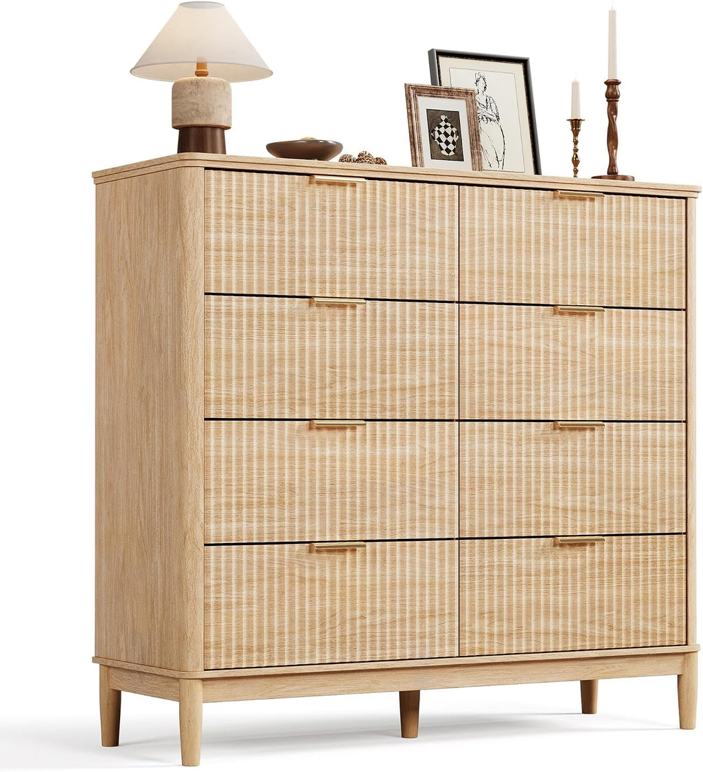 LINSY Fluted Dresser for Bedroom with 8 Drawers, Mid Century Modern Chest of Drawers with Gold Metal Handles, Wide Boho Wood Dressers, Large Farmhouse Storage Cabinet for Bedroom, Living Room, Oak