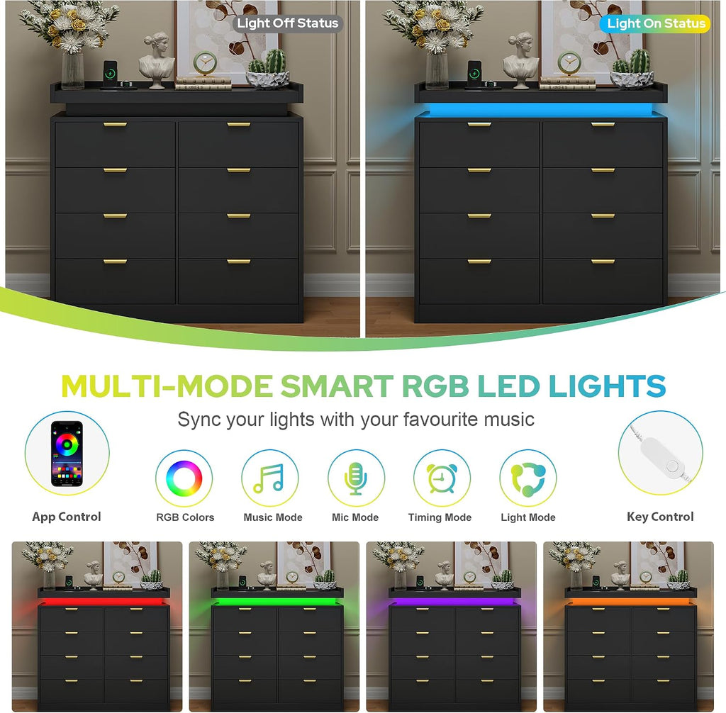 knoworld 8 Drawer Dresser for Bedroom, Black Dresser with LED Lights and Power Outlet, Large Wooden Dressers Modern Chest of Drawers, Double Wide 9 Drawer Dressers for Bedroom, Entryway, Hallway